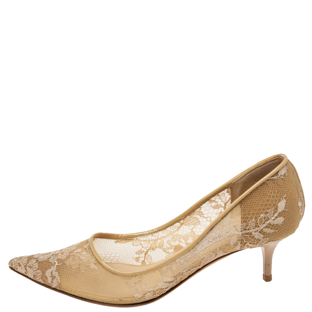 

Jimmy Choo Beige Lace And Patent Leather Aza Kitten Heel Pumps Size