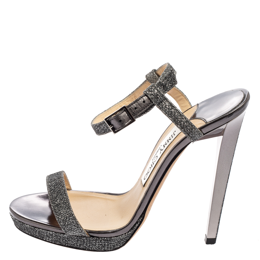 

Jimmy Choo Grey Metallic Lamé Fabric Claudette Ankle-Strap Sandals Size