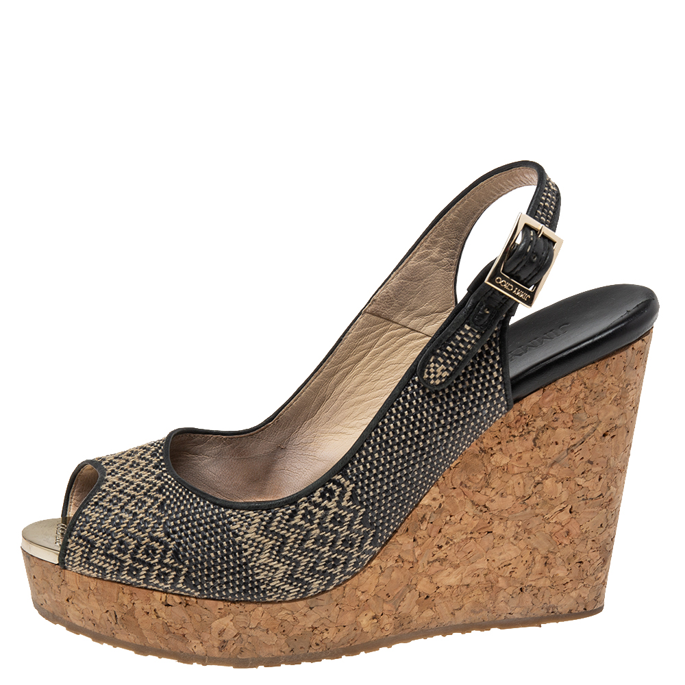 

Jimmy Choo Black/Beige Woven Fabric Wedge Sandals Size