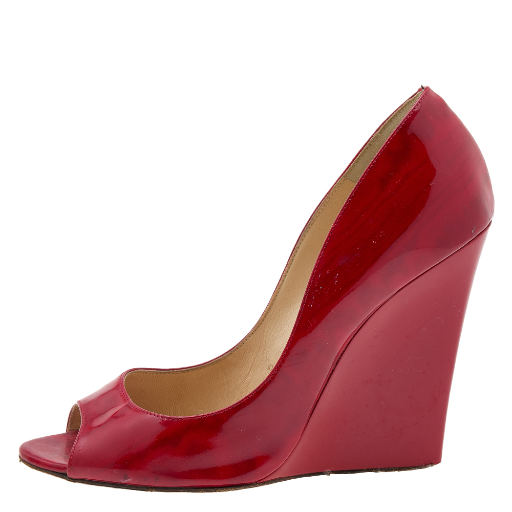 

Jimmy Choo Red Patent Leather Wedge Peep Toe Pumps Size