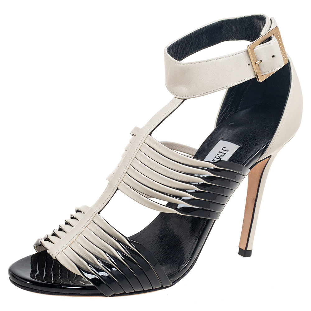 

Jimmy Choo Black/Cream Patent and Leather Strappy Ankle Sandals Size