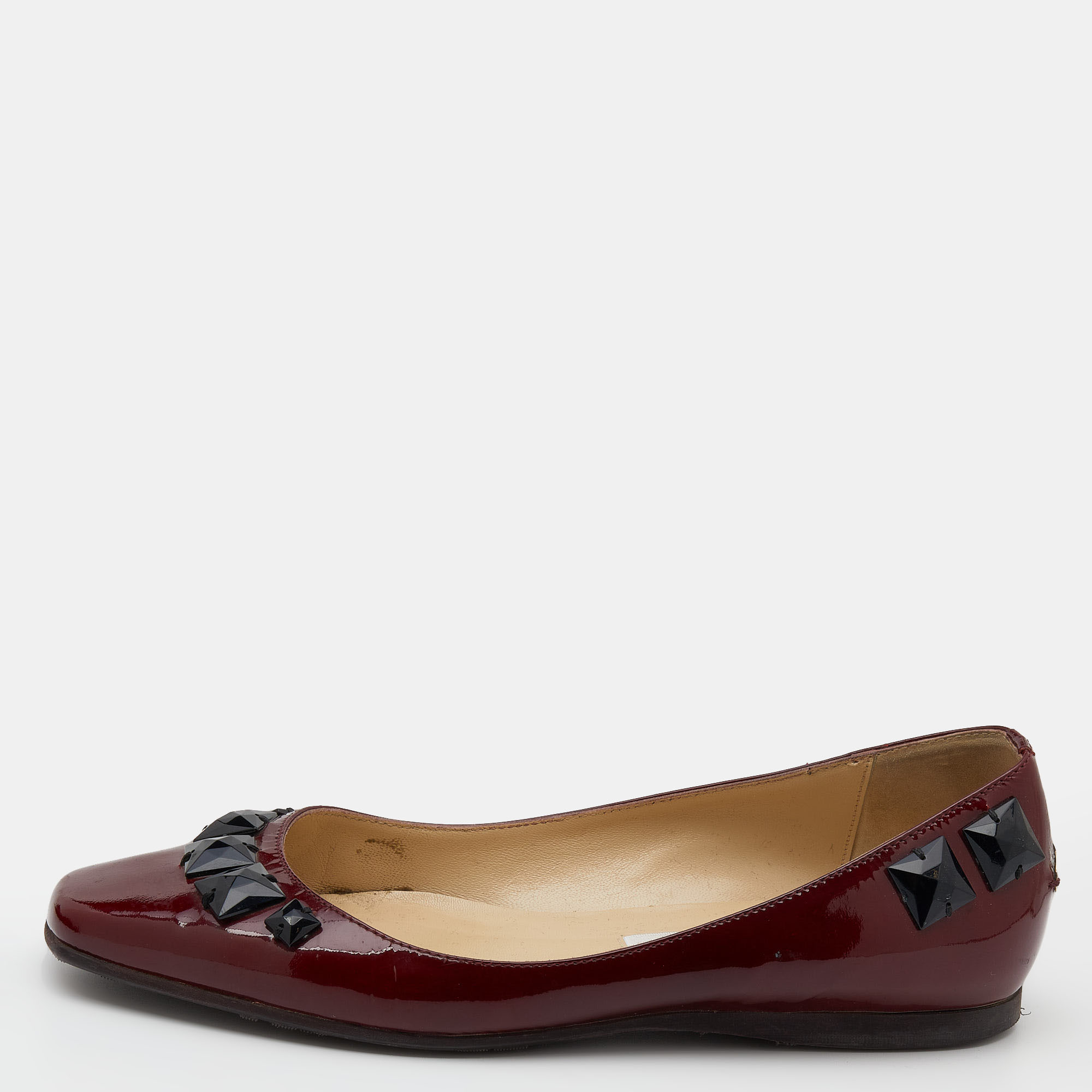 Pre-owned Jimmy Choo Burgundy Patent Leather Crystal Embellished Watson Ballet Flats Size 37.5