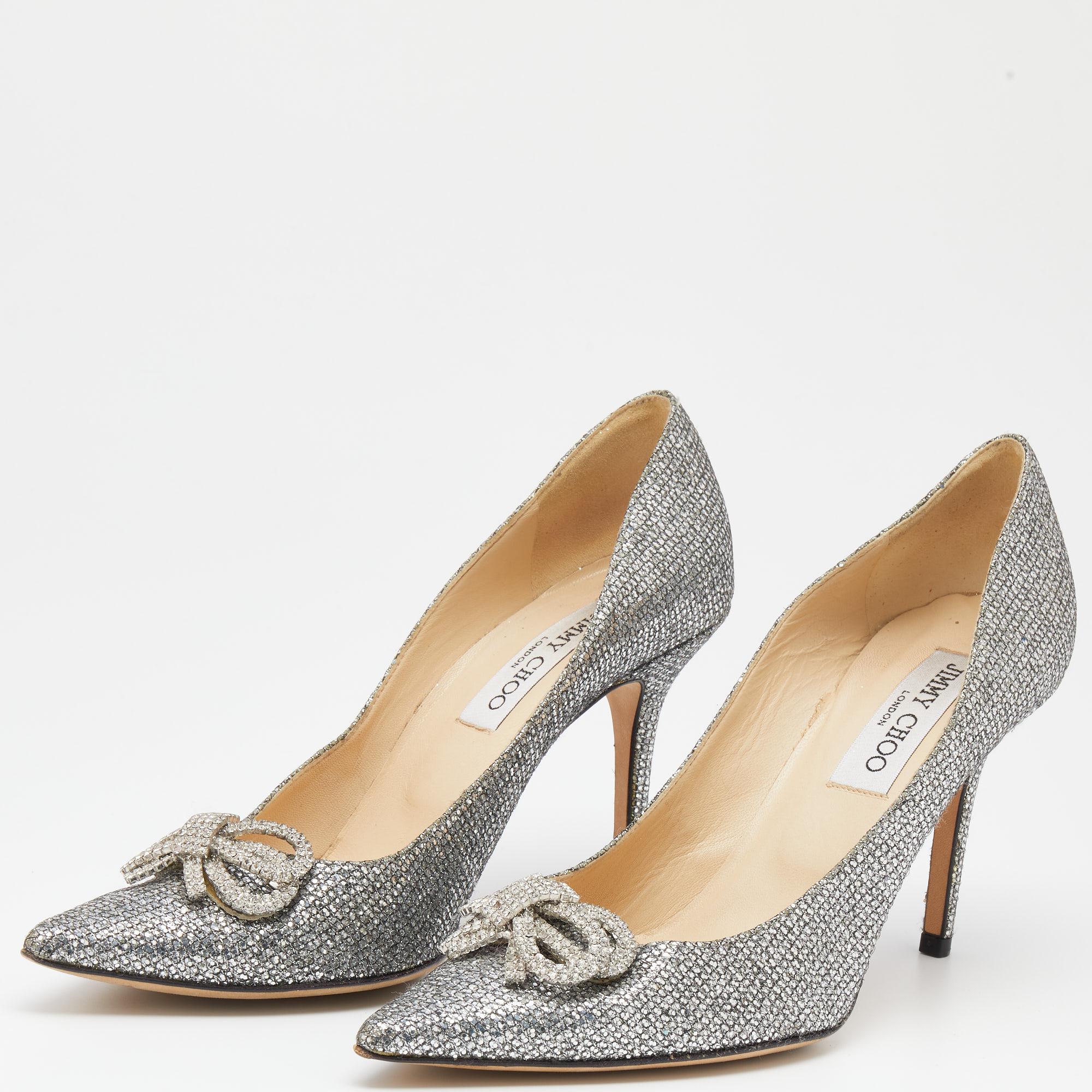 

Jimmy Choo Silver Glitter Crystal Bow Samba Pointed Toe Pumps Size