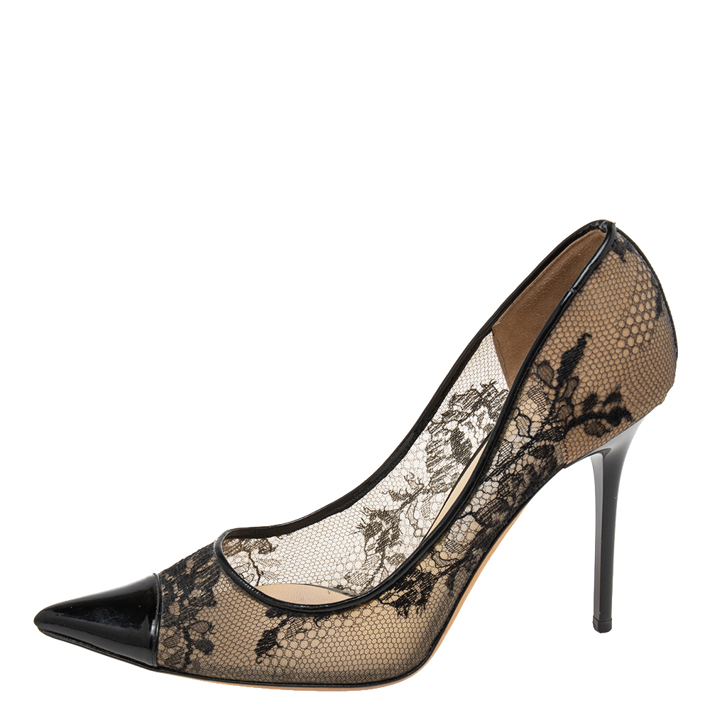 

Jimmy Choo Black/Beige Lace And Patent Leather Pointed Toe Pumps Size
