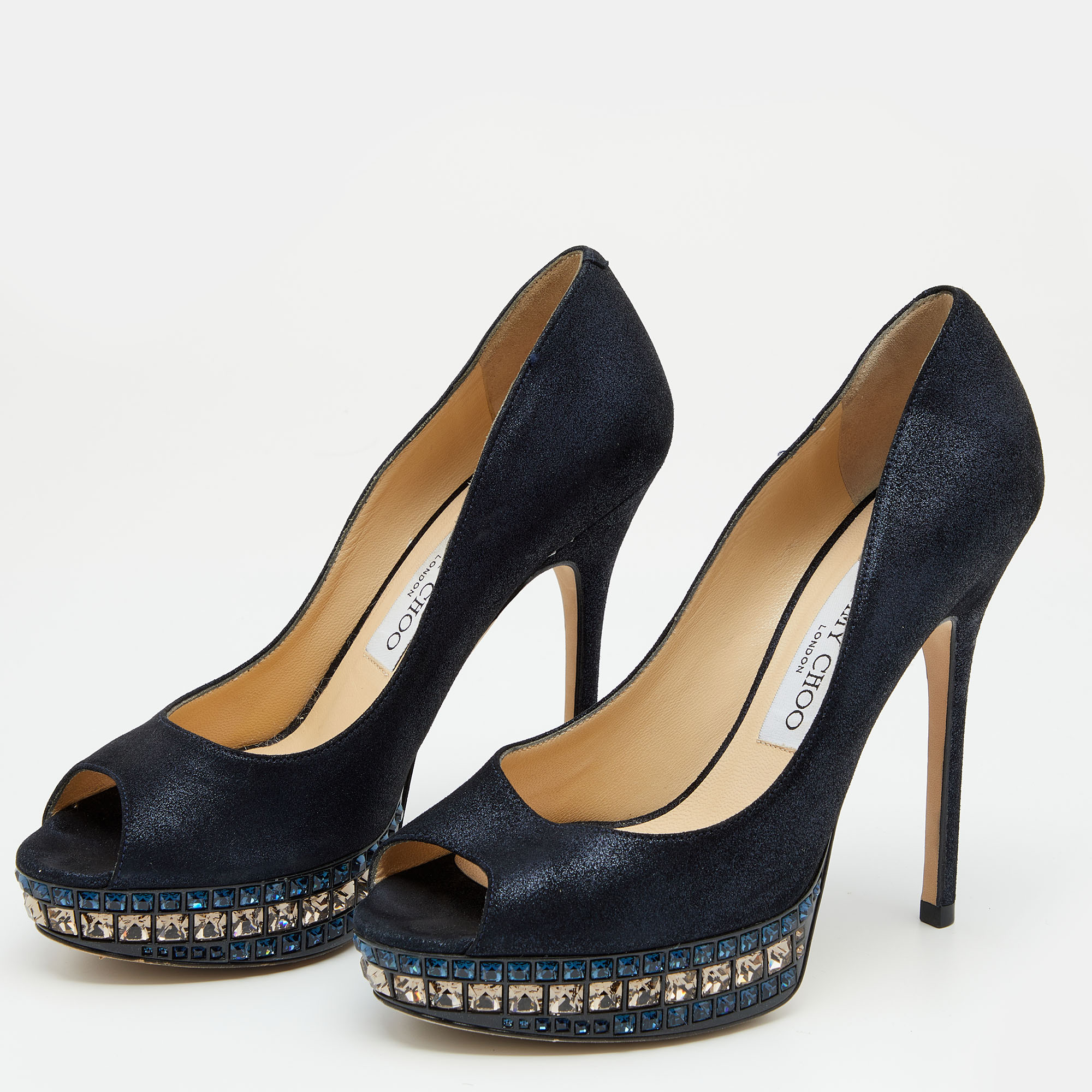 

Jimmy Choo Navy Blue Metallic Suede Embellished Platform Pumps Size