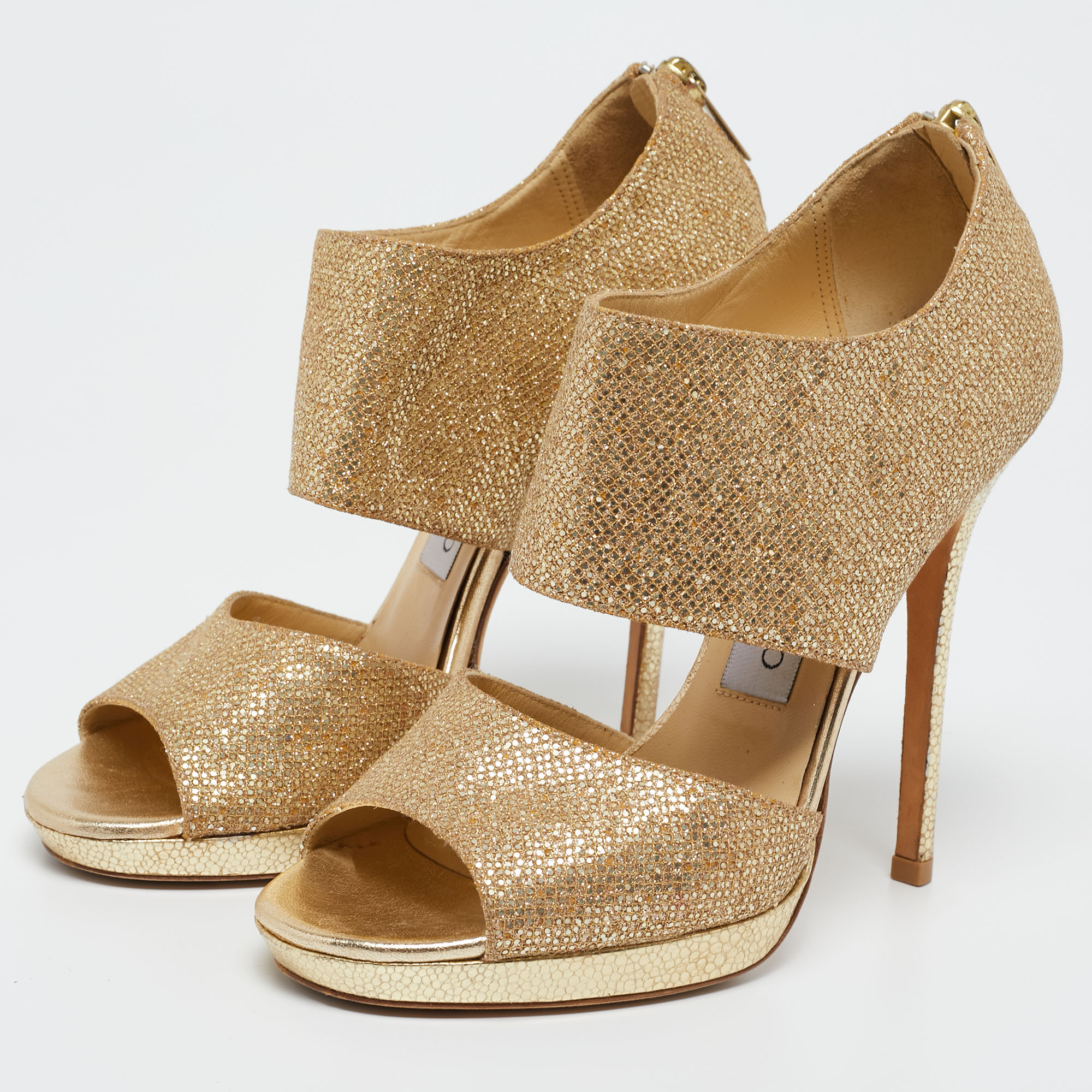 

Jimmy Choo Gold Glitter Platform Sandals Size