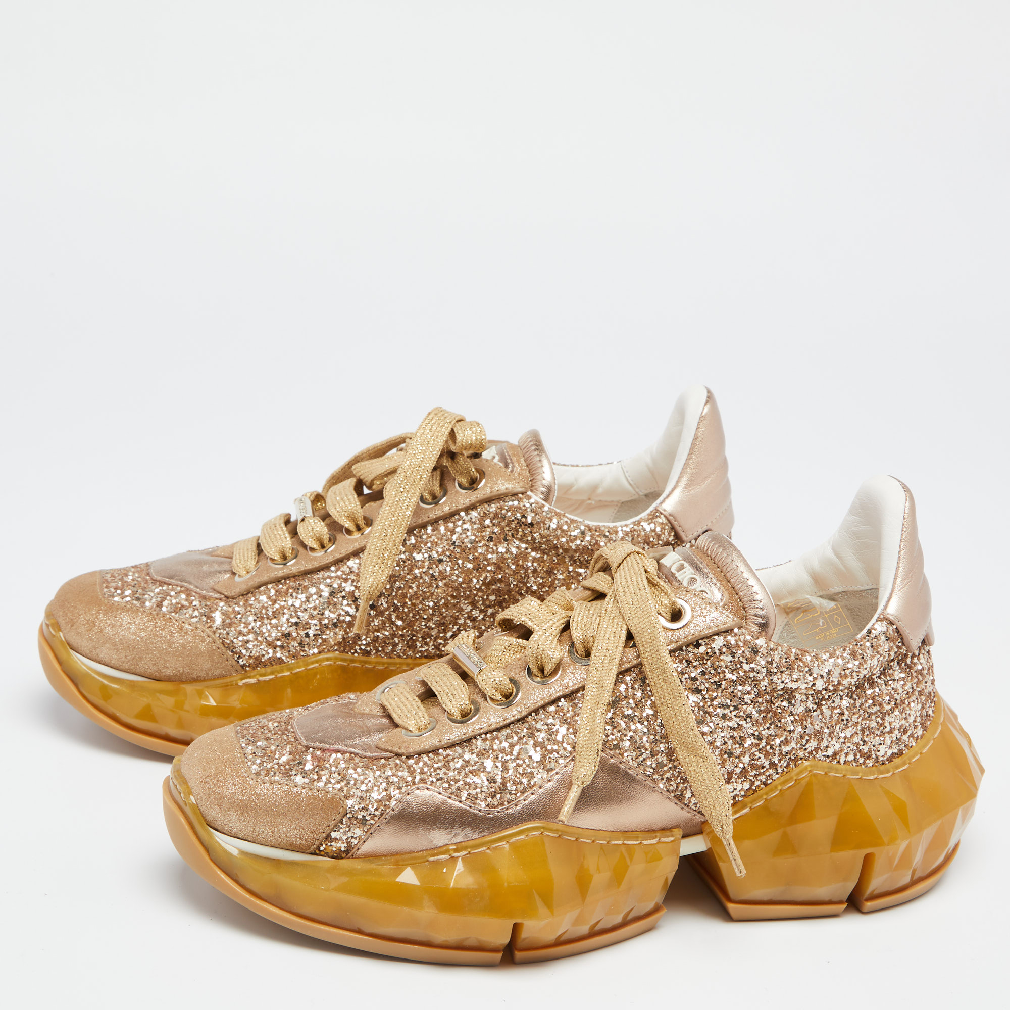 

Jimmy Choo Gold Leather And Glitter Diamond Sneakers Size