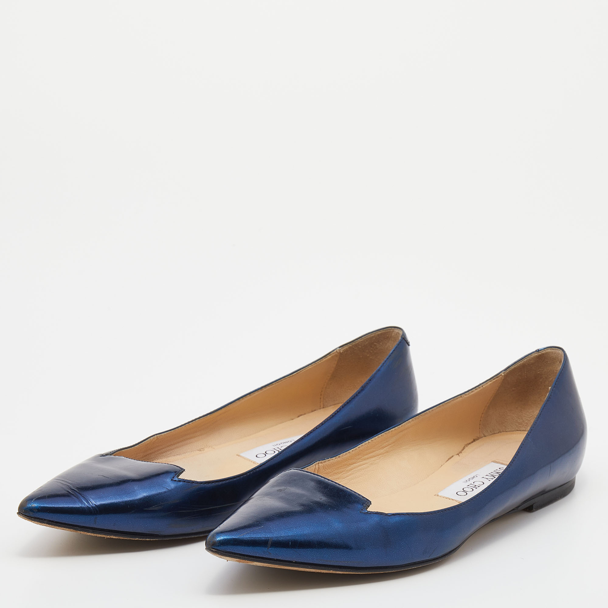 

Jimmy Choo Metallic Blue Leather Attila Pointed Toe Ballet Flats Size