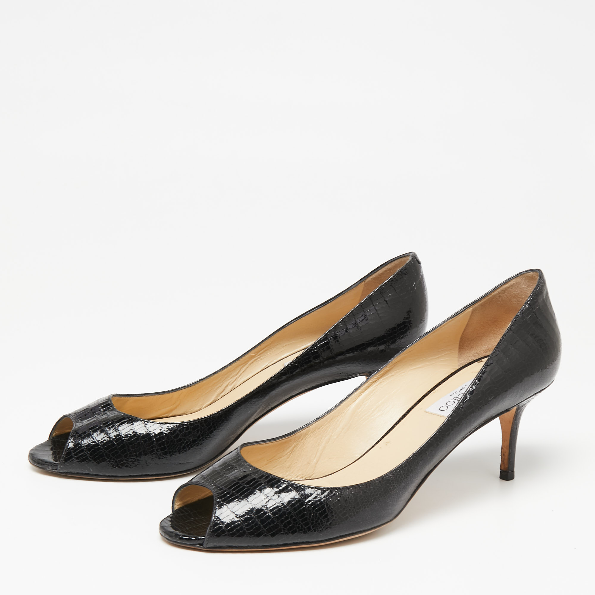 

Jimmy Choo Black Textured Patent Leather Peep-Toe Pumps Size