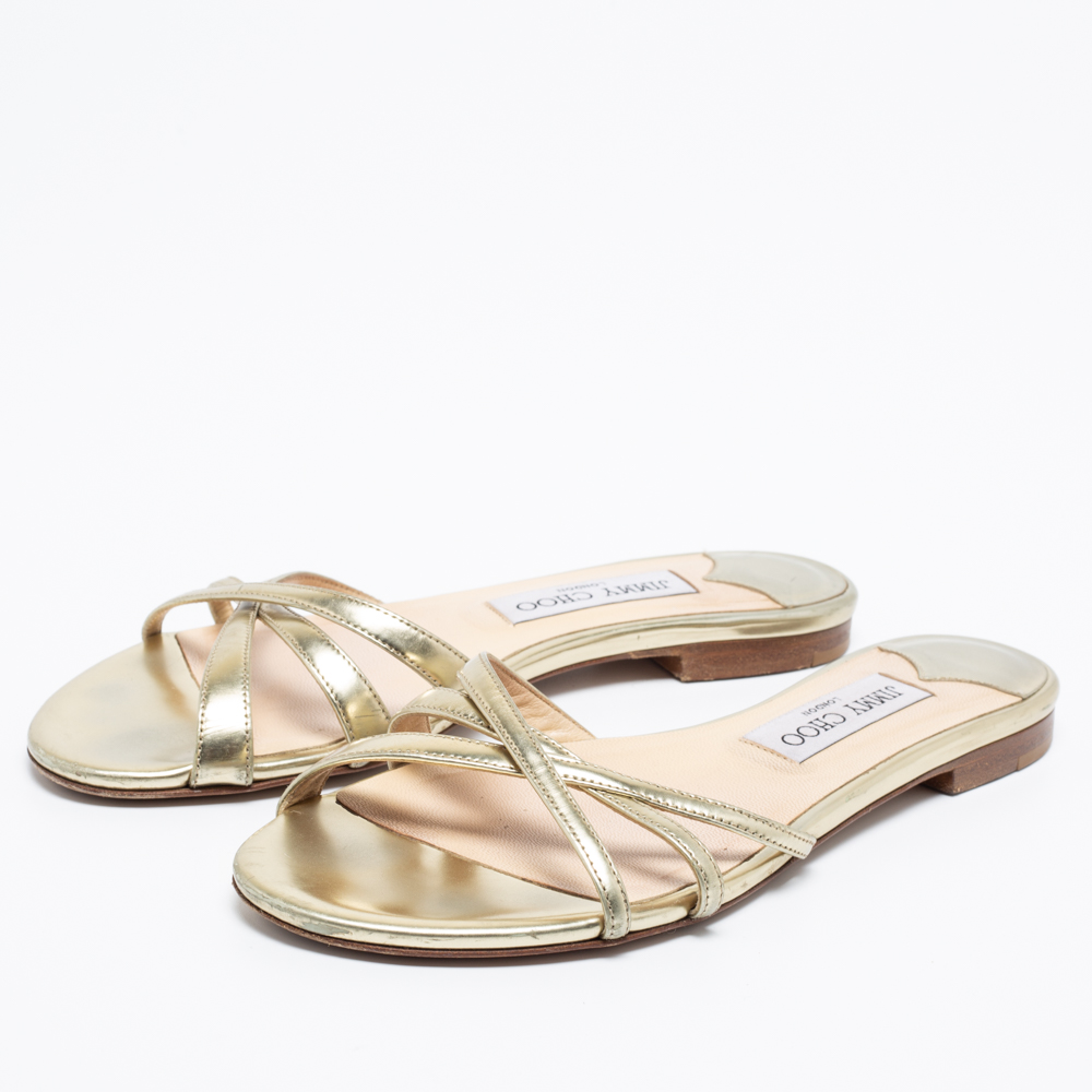 

Jimmy Choo Gold Leather Flat Slides Size