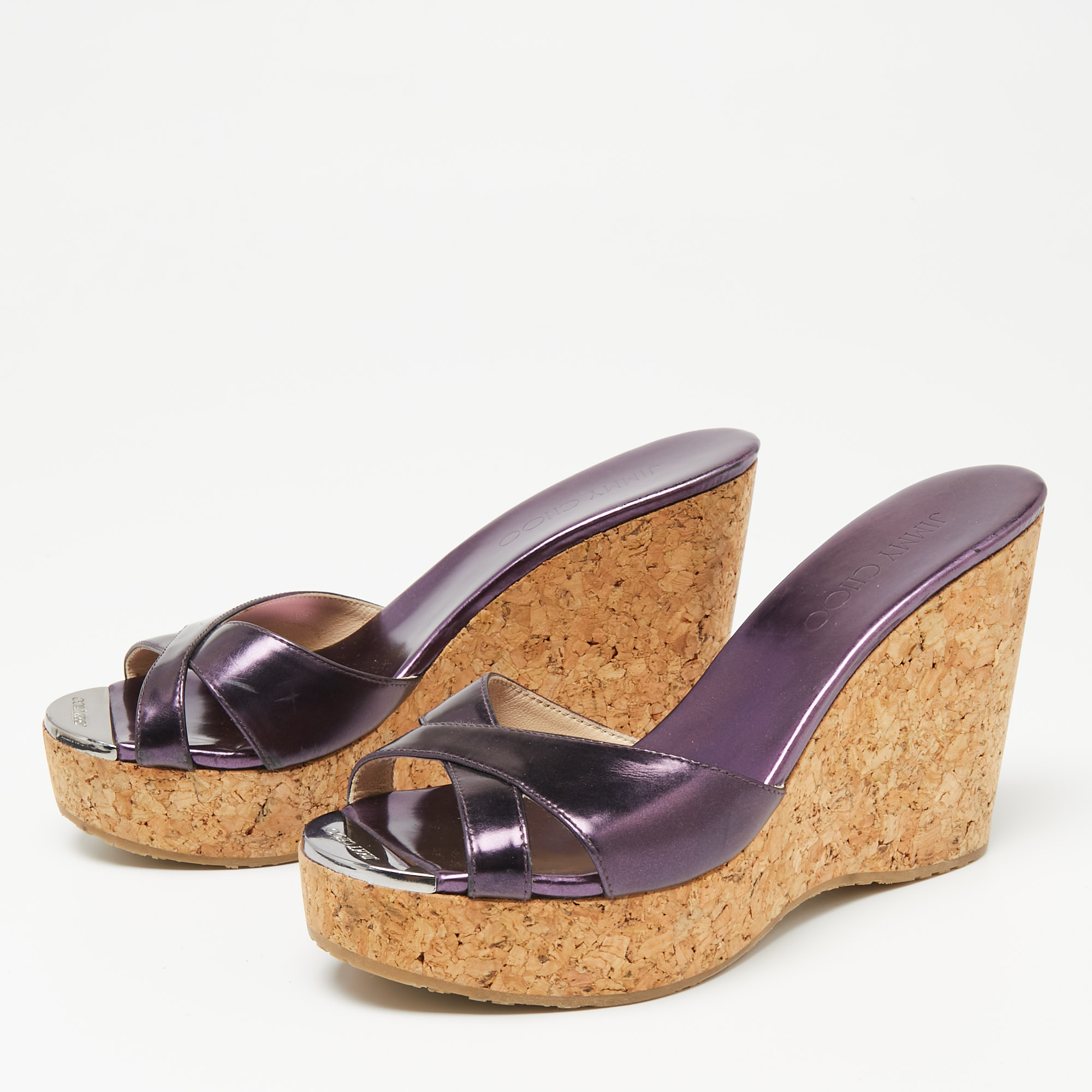 

Jimmy Choo Purple Leather Cork Wedge Sandals Size