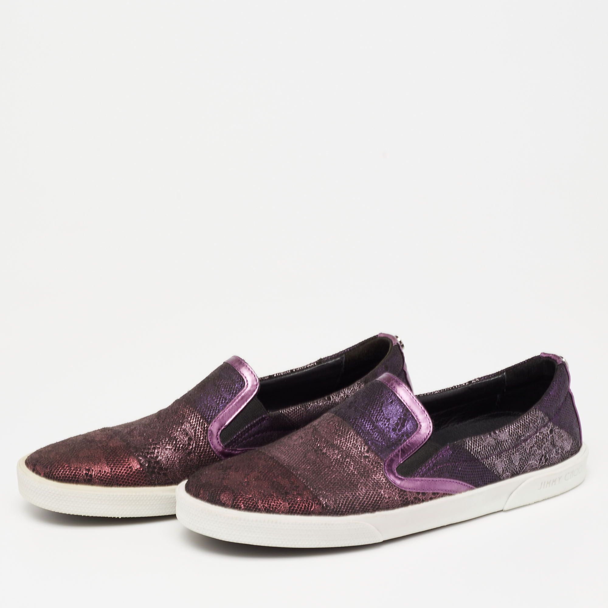 

Jimmy Choo Purple/Black Lace and Leather Demi Slip On Sneakers Size