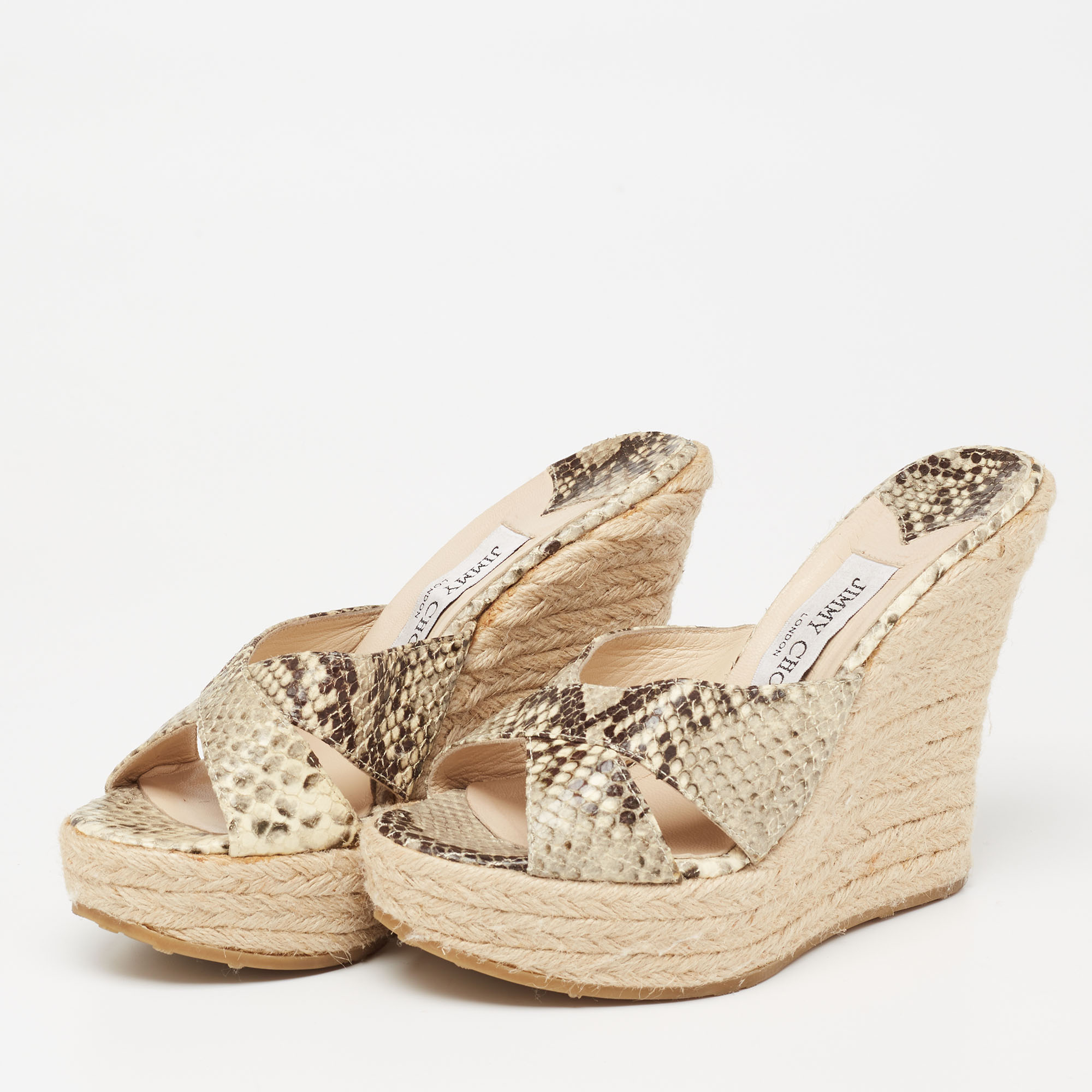 

Jimmy Choo Beige/Brown Python Embossed Leather Prima Espadrille Wedge Sandals Size