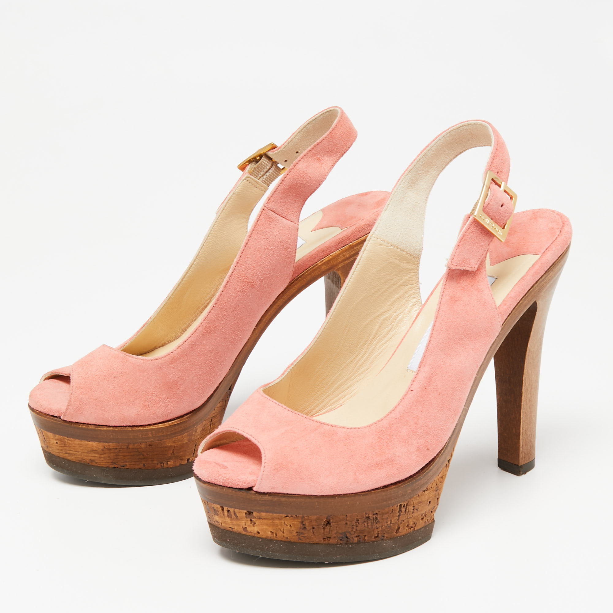 Jimmy Choo Pink Suede Peep Toe Platform Wooden Slingback Sandals Size