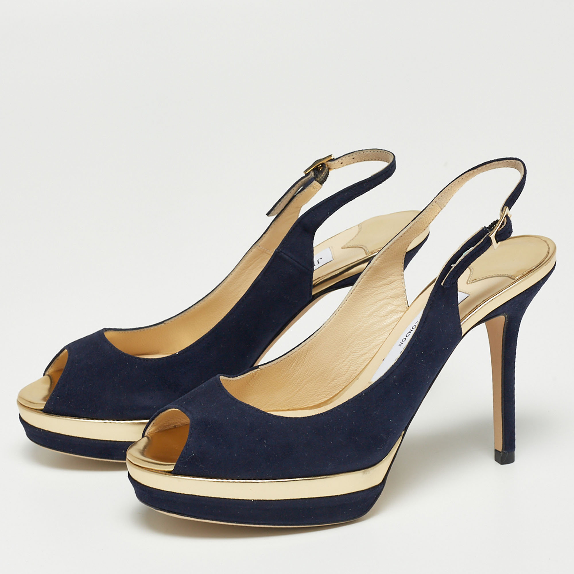 

Jimmy Choo Navy Blue Leather Platform Peep Toe Slingback Sandals Size