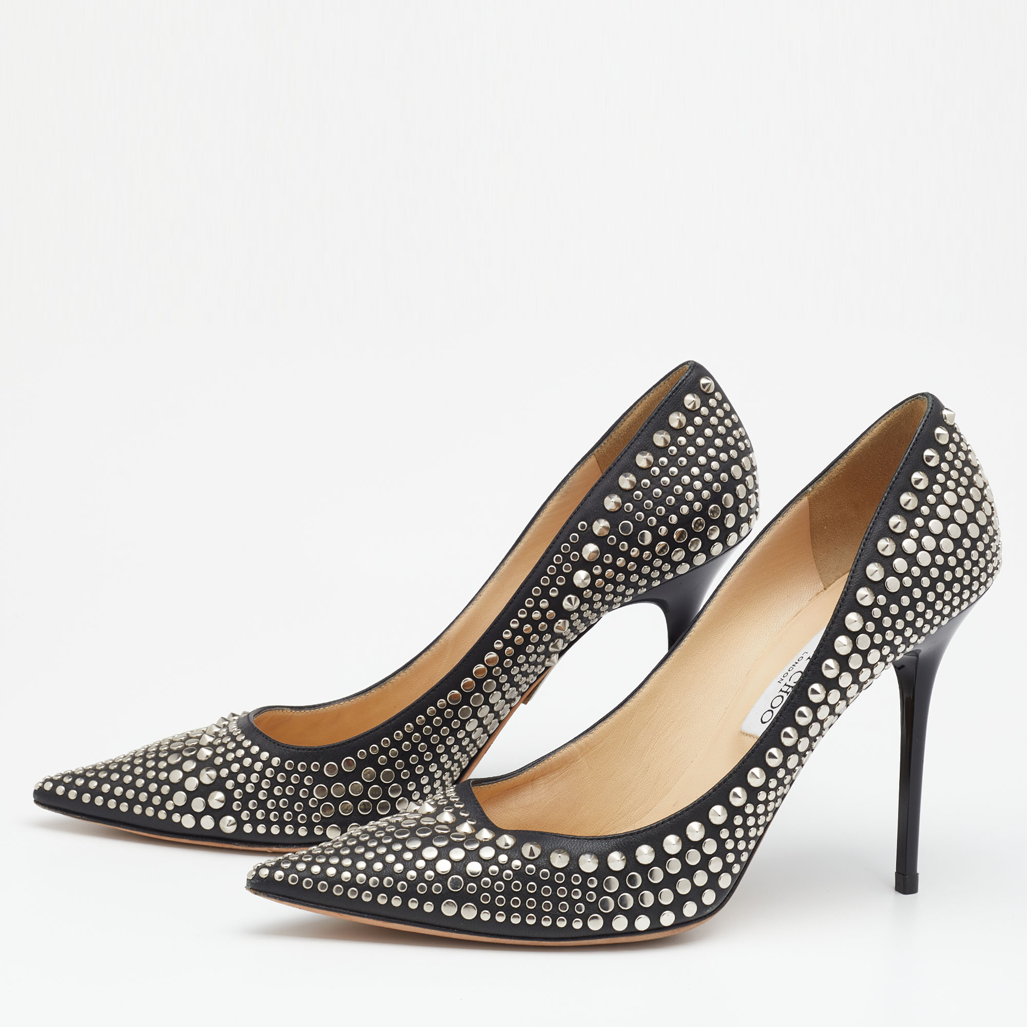 

Jimmy Choo Black Leather Studded Spikes Pointed Toe Pumps Size