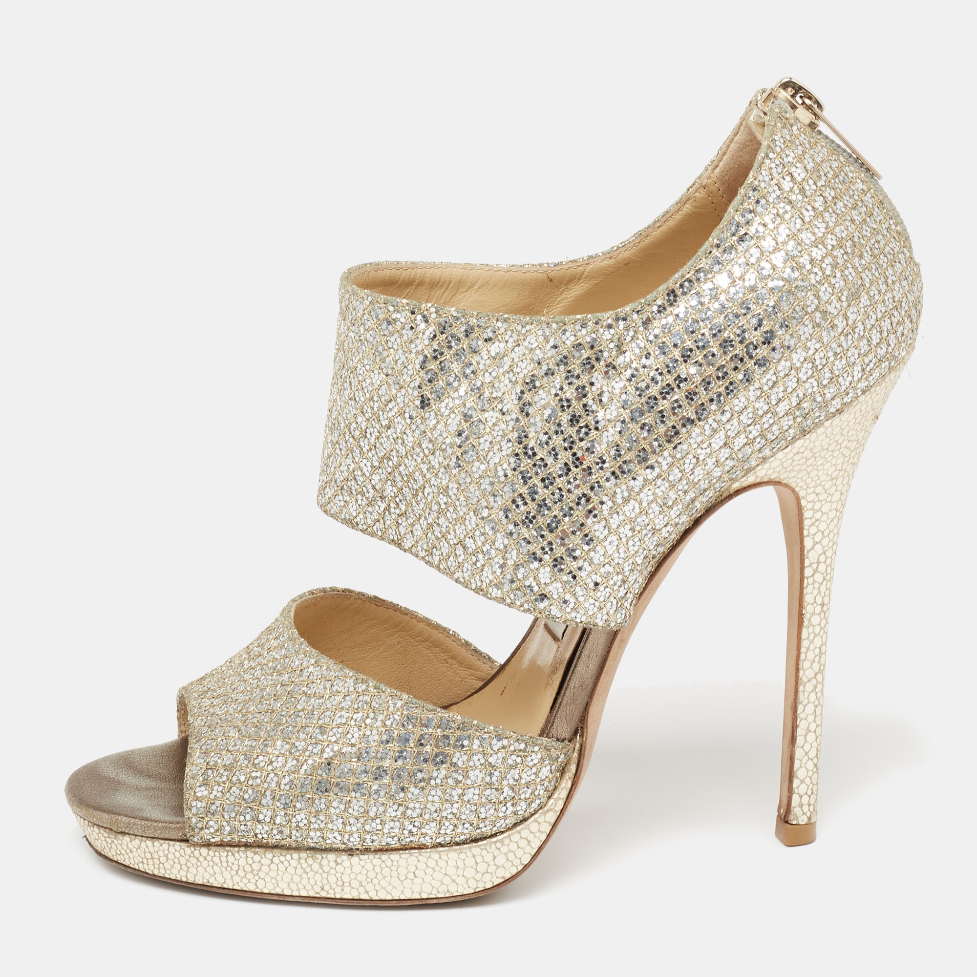 

Jimmy Choo Silver/Gold Coarse Glitter Private Platform Sandals Size