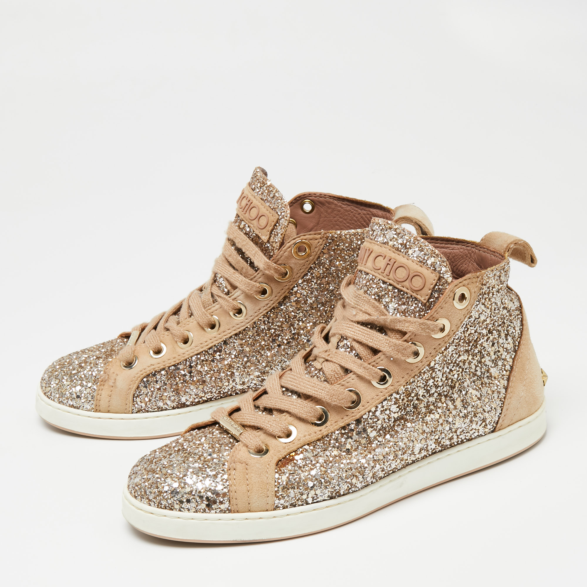 

Jimmy Choo Gold/Beige Coarse Glitter and Suede Cash High-Top Sneakers Size