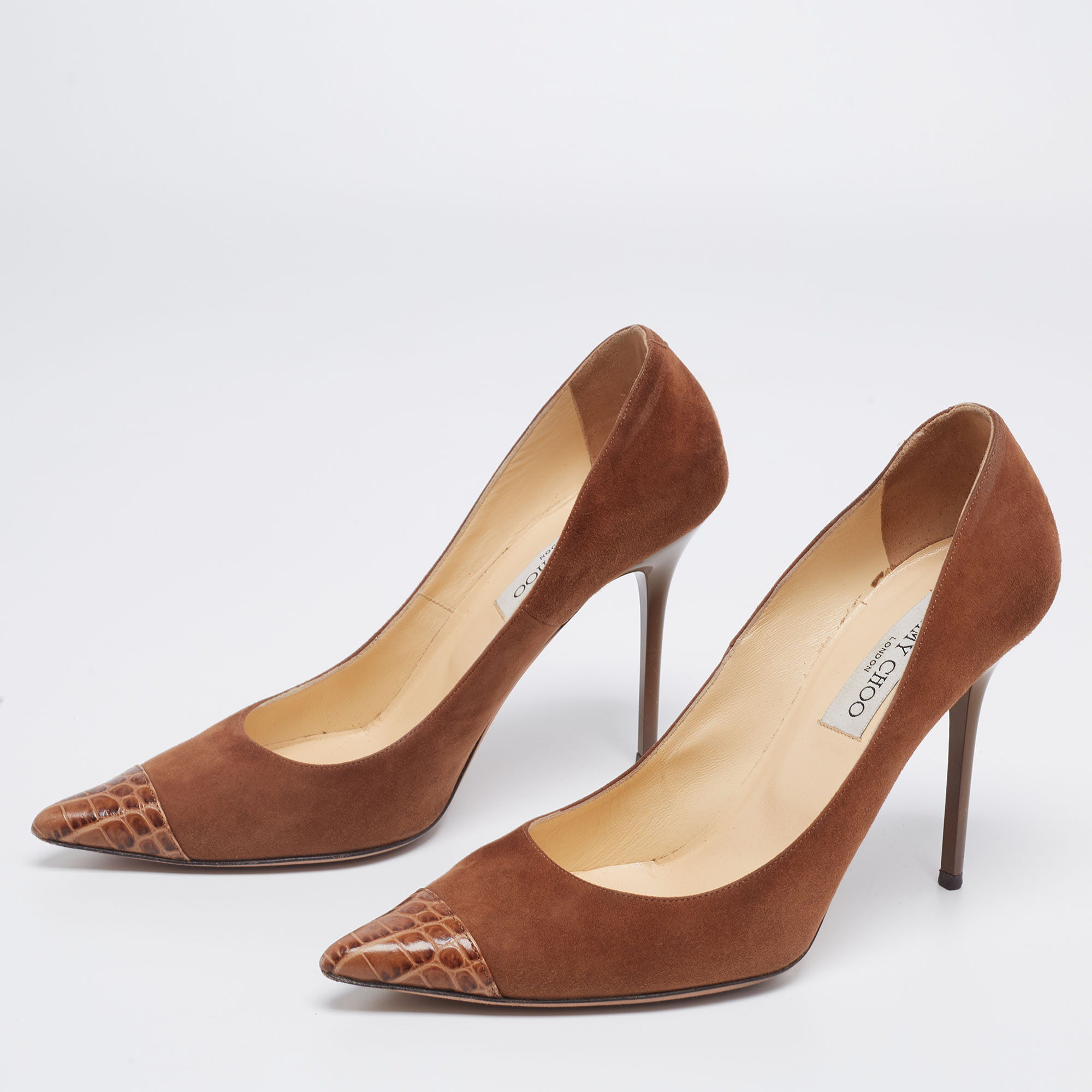 

Jimmy Choo Brown Suede and Croc Embossed Leather Pointed-Toe Pumps Size, Beige