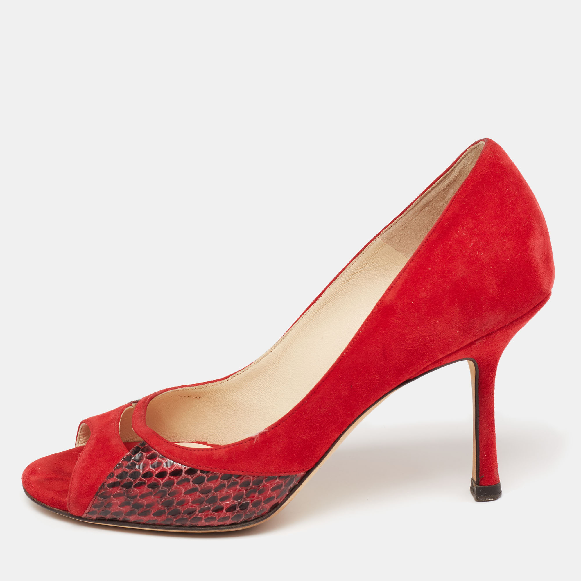 Pre-owned Jimmy Choo Red Suede And Snakeskin Peep Toe Pumps Size 37.5