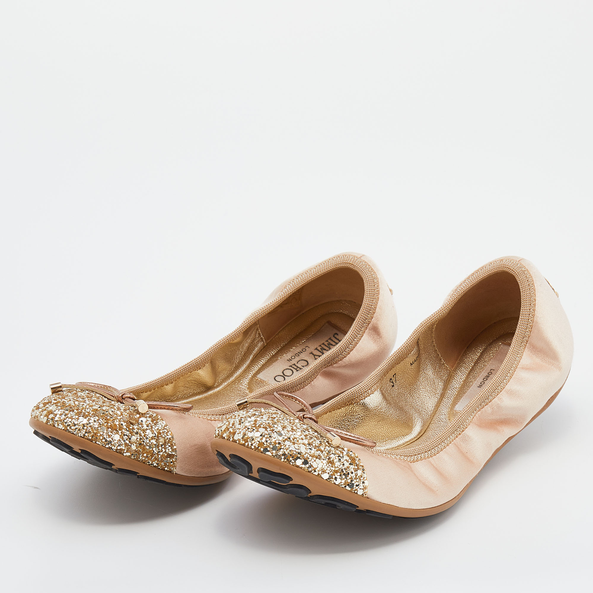 

Jimmy Choo Beige/Gold Satin And Glitter Cap Toe Winnie Scrunch Ballet Flats Size