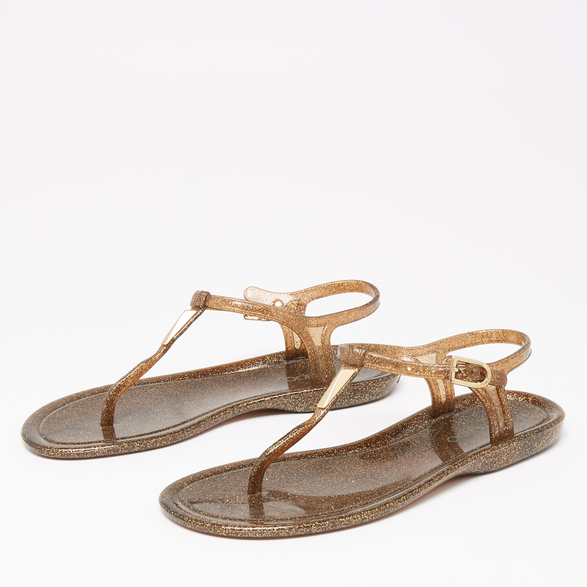 

Jimmy Choo Bronze Shimmer Rubber T Strap Flat Sandals Size, Brown