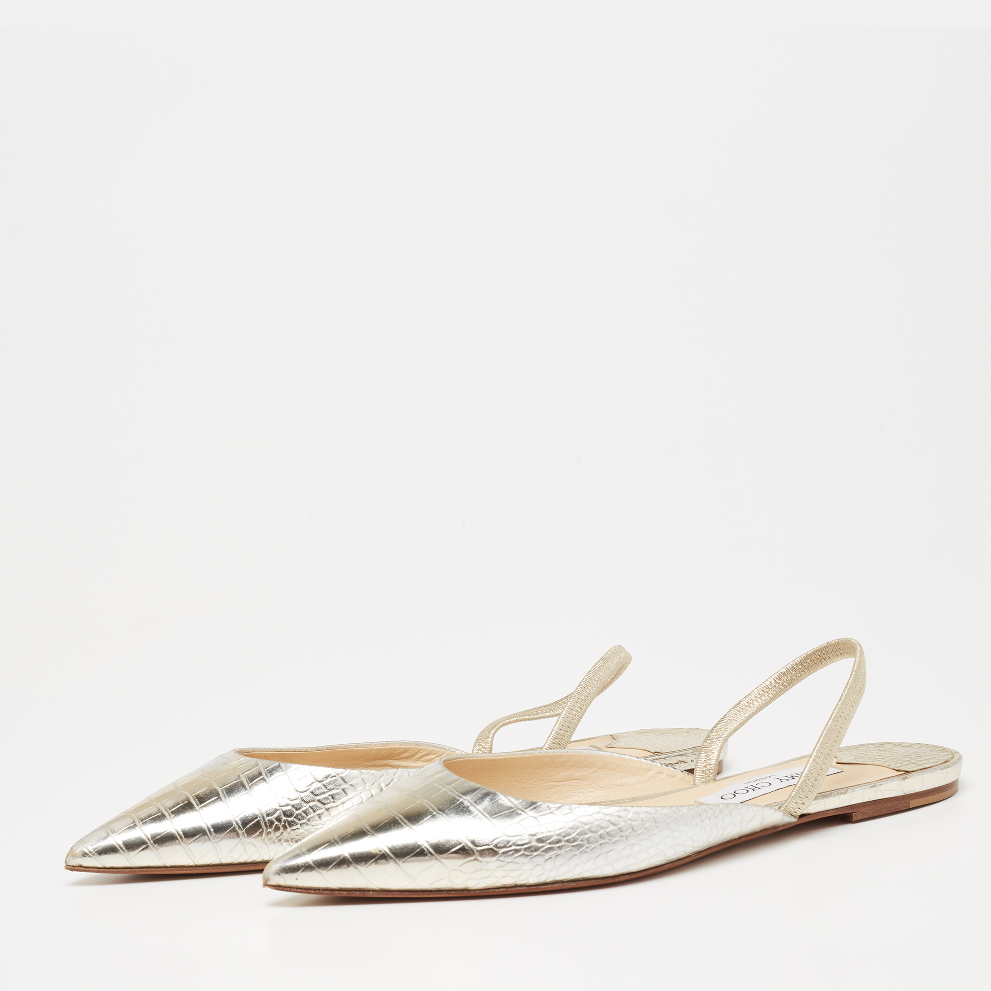 

Jimmy Choo Sliver Croc Embossed Leather Slingback Flat Sandals Size, Silver