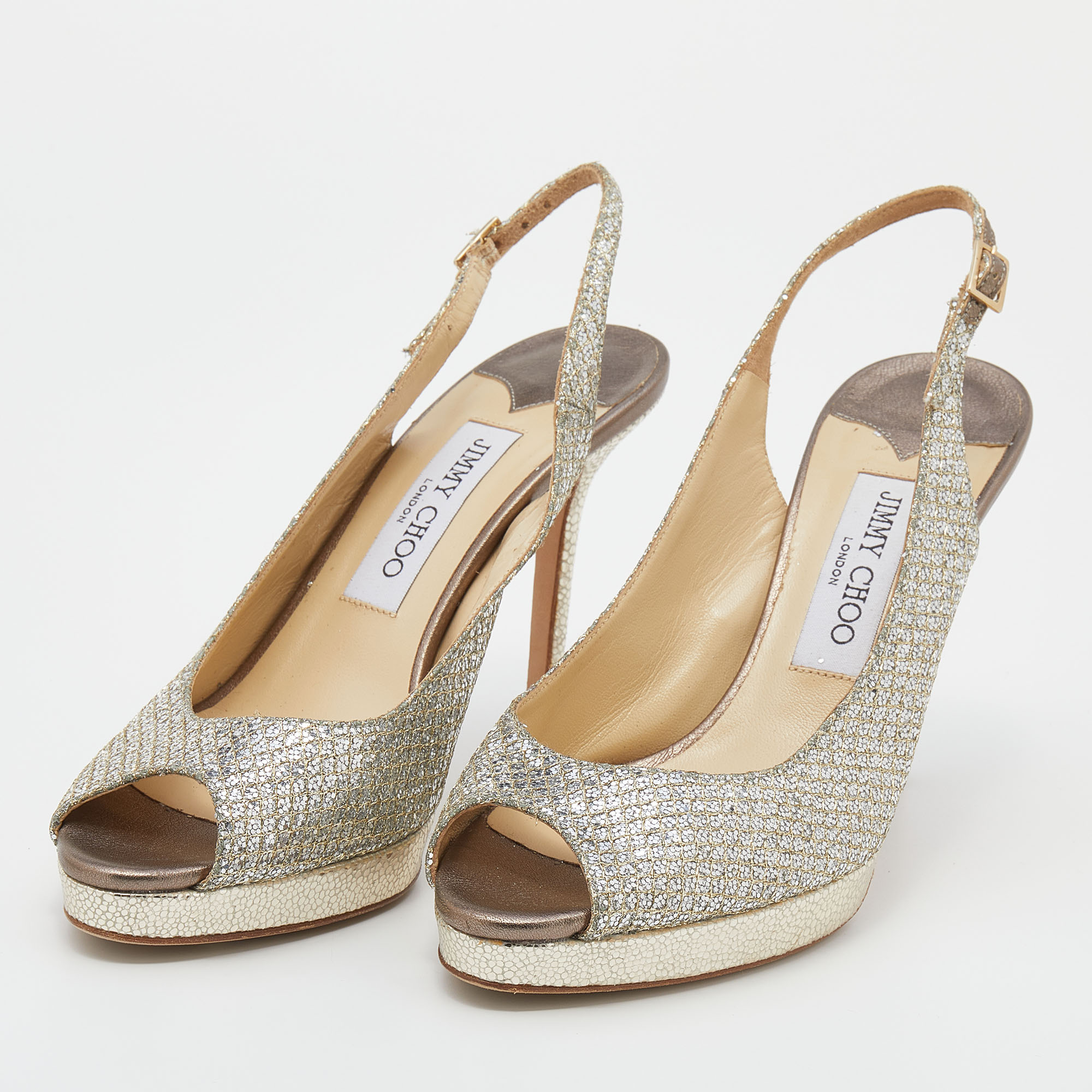 

Jimmy Choo Gold Glitter And Lurex Fabric Nova Peep Toe Slingback Sandals Size