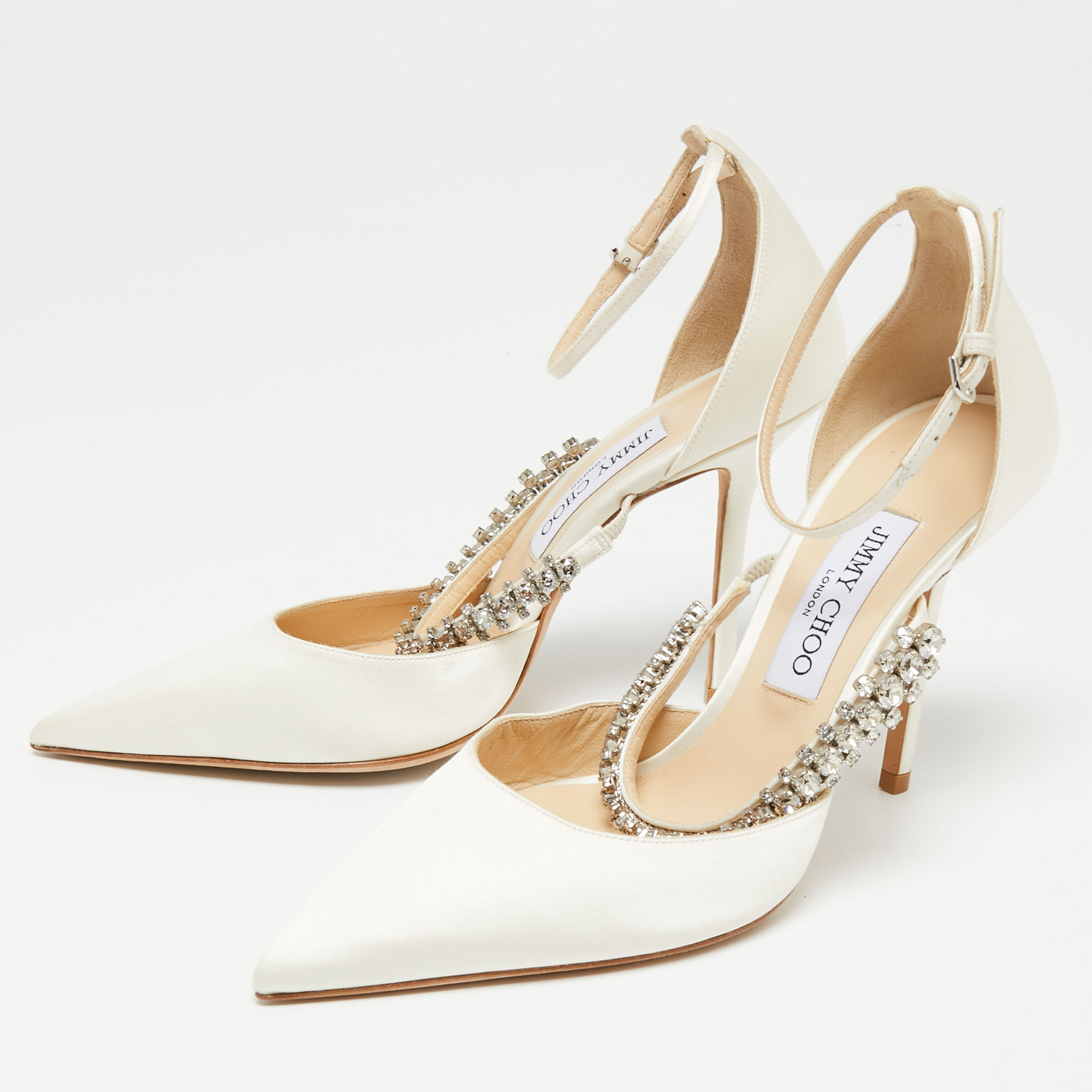 

Jimmy Choo Ivory Satin Bobbie Ankle-Strap Pumps Size, White