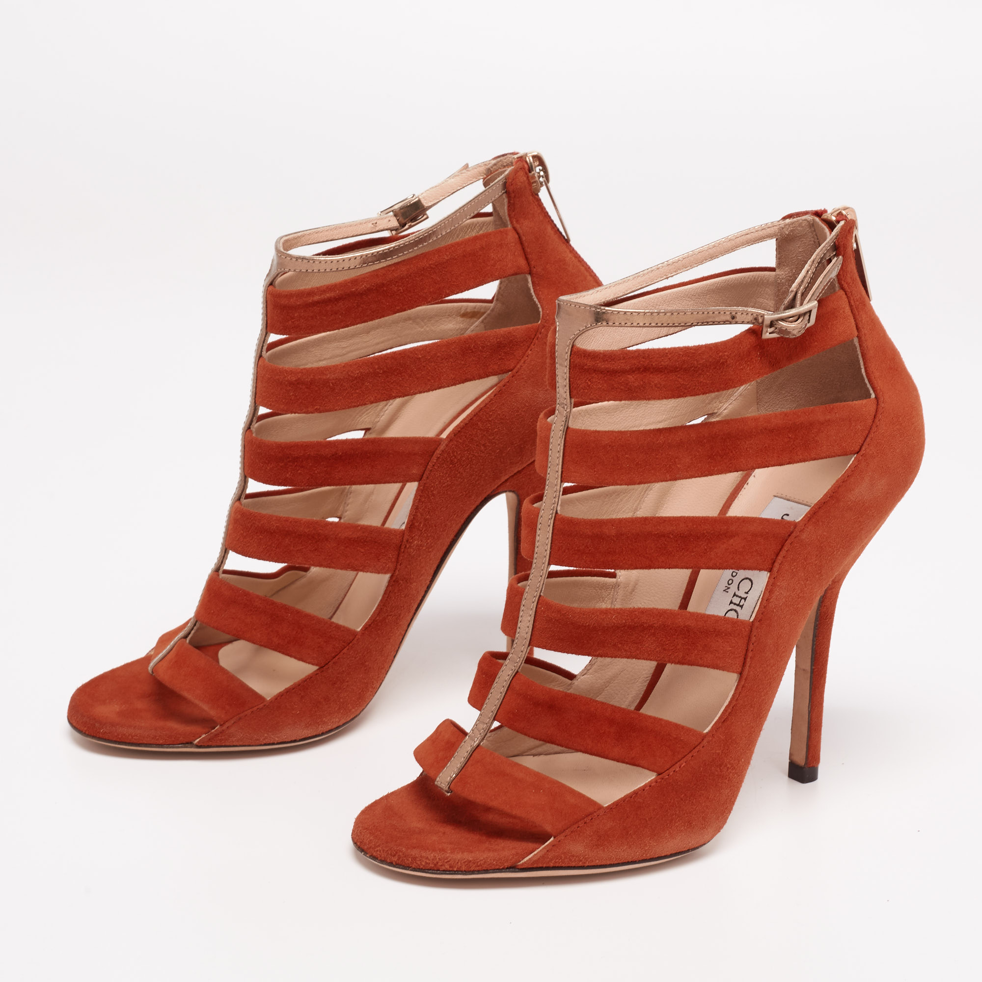 Jimmy Choo Burnt Orange/Gold Suede and Patent Leather Caged Ankle Strap Sandals Size