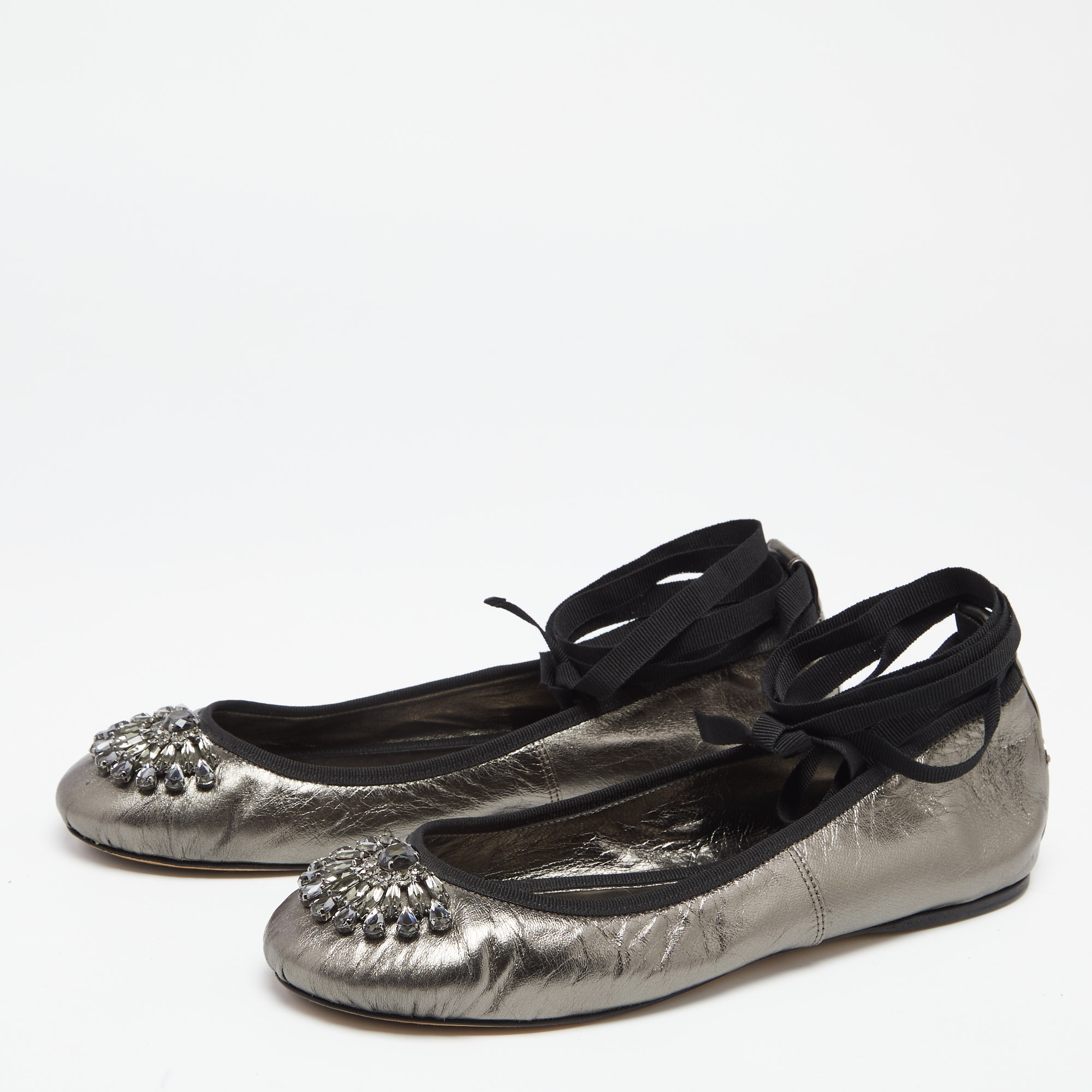 

Jimmy Choo Metallic Grey Leather Grace Ankle-Wrap Ballet Flats Size