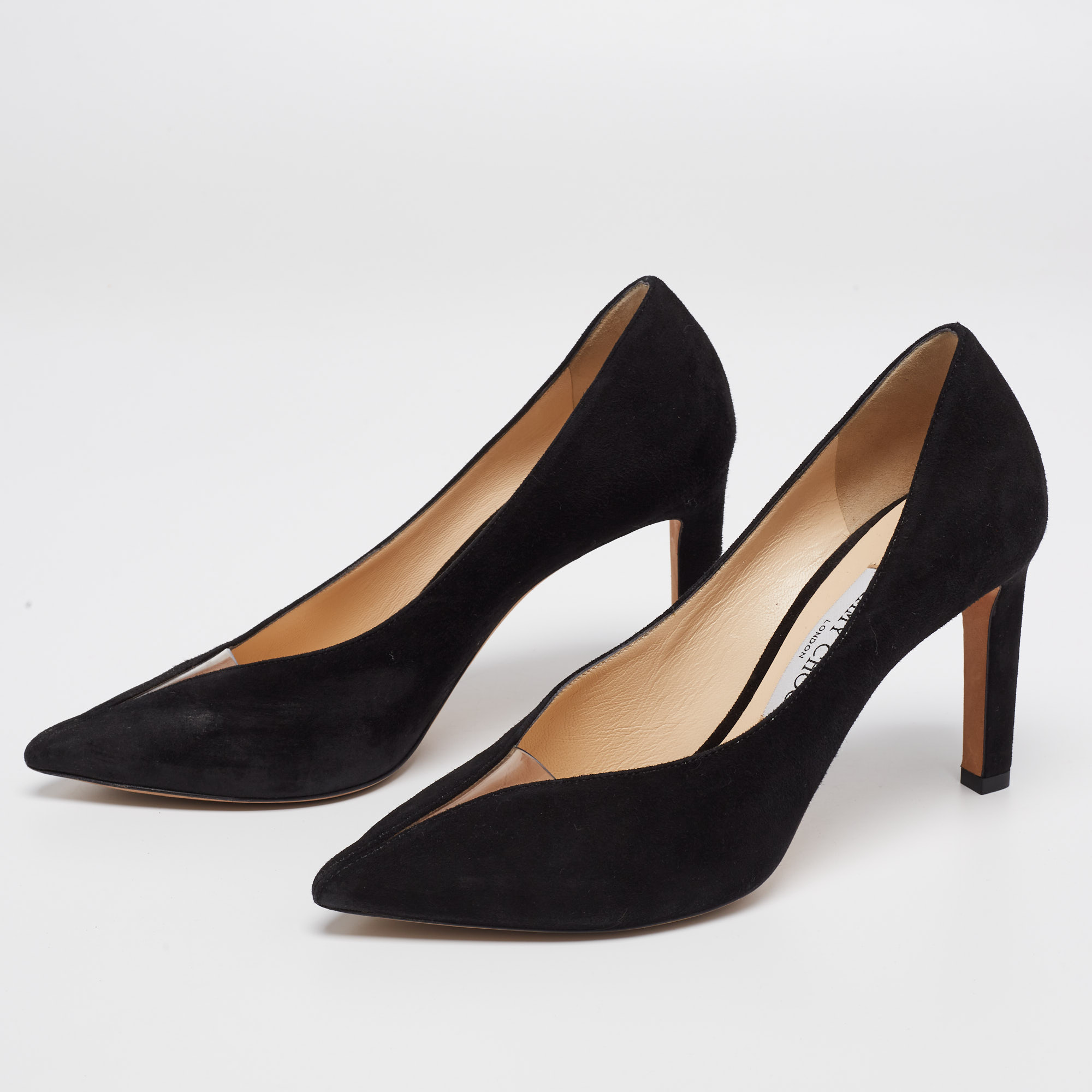 

Jimmy Choo Black Suede and PVC Baker 85 Pointed Toe Pumps Size
