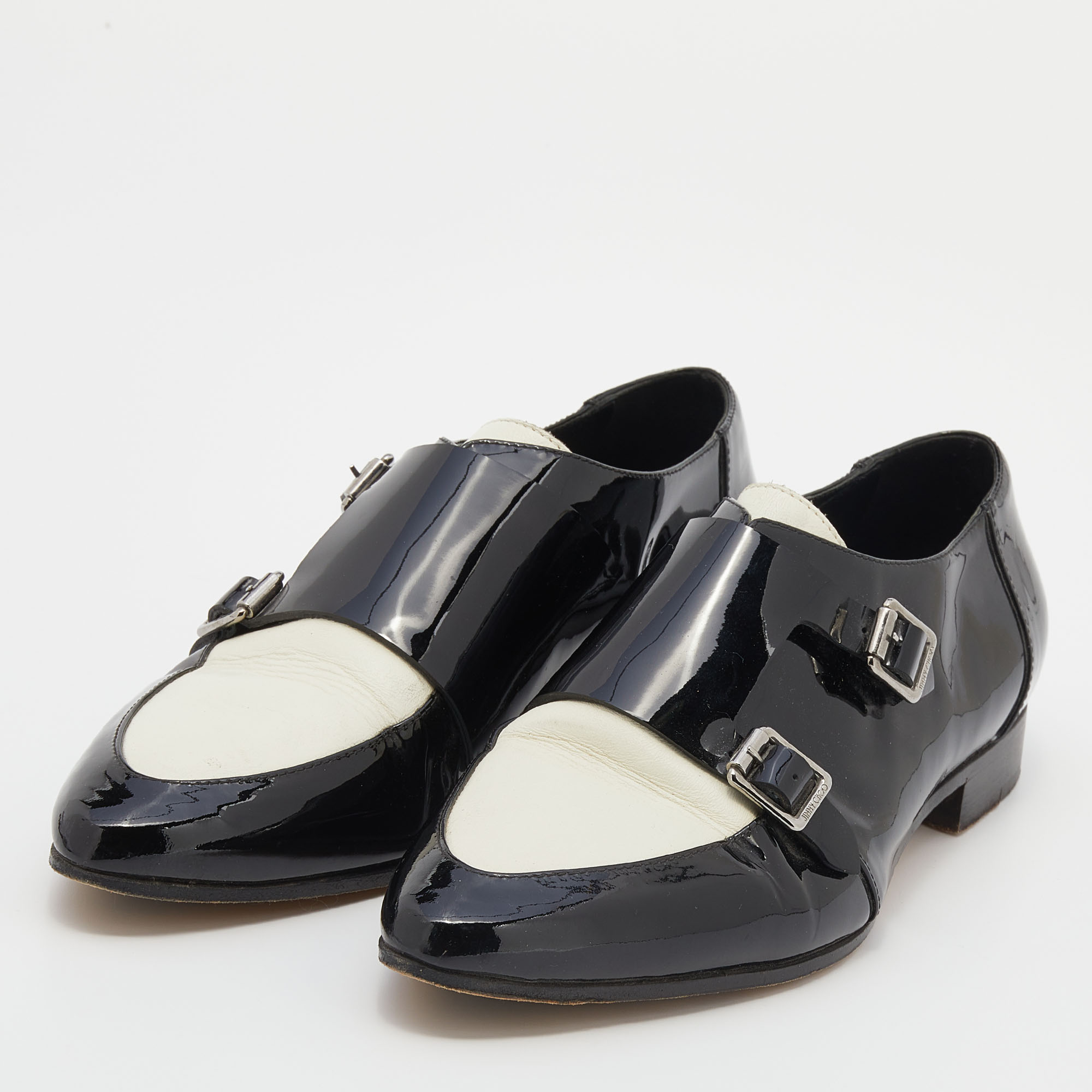 

Jimmy Choo Black/White Patent Leather And Leather Mardi Monk Strap Flats Size