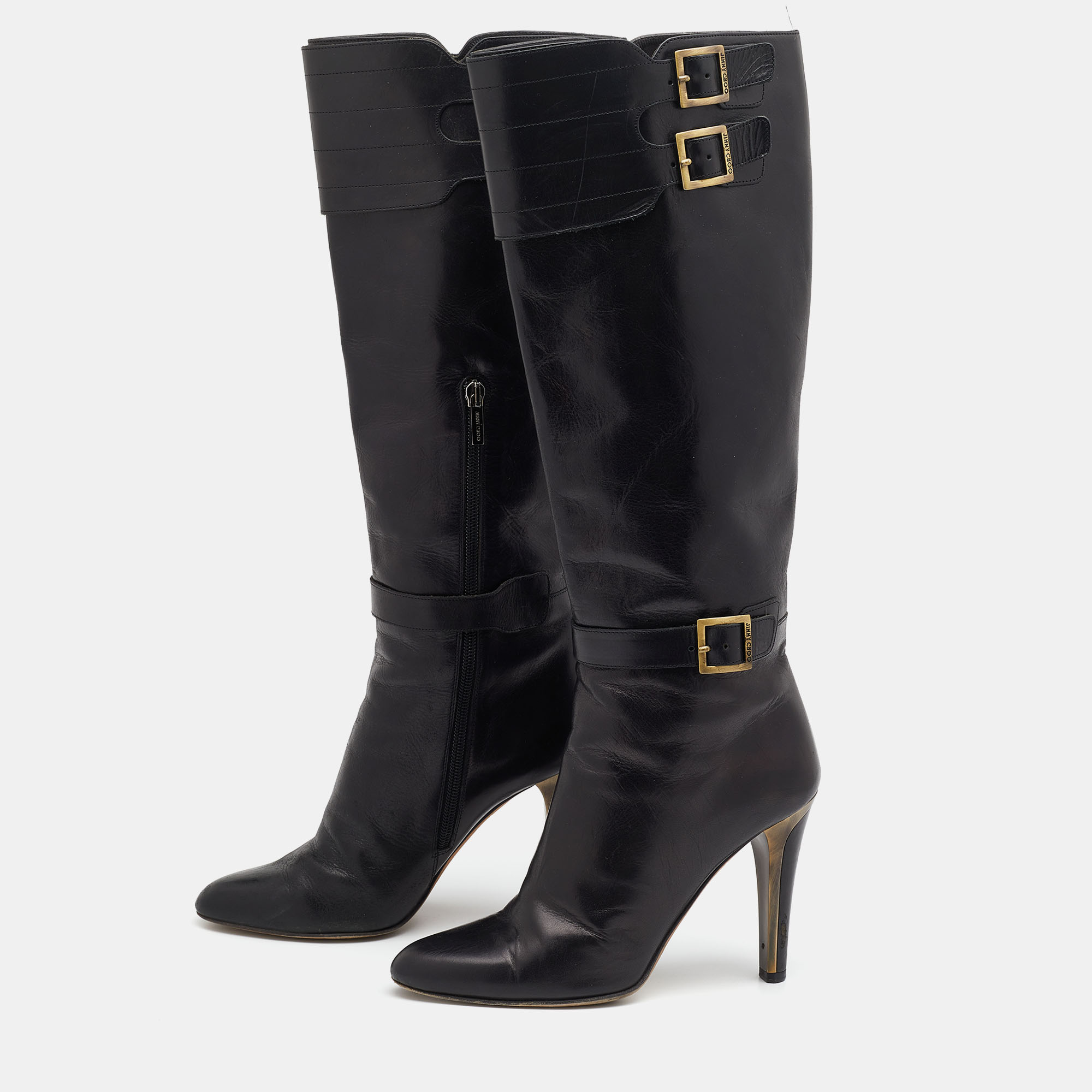 

Jimmy Choo Black Leather Buckle Detail Calf Length Boots Size