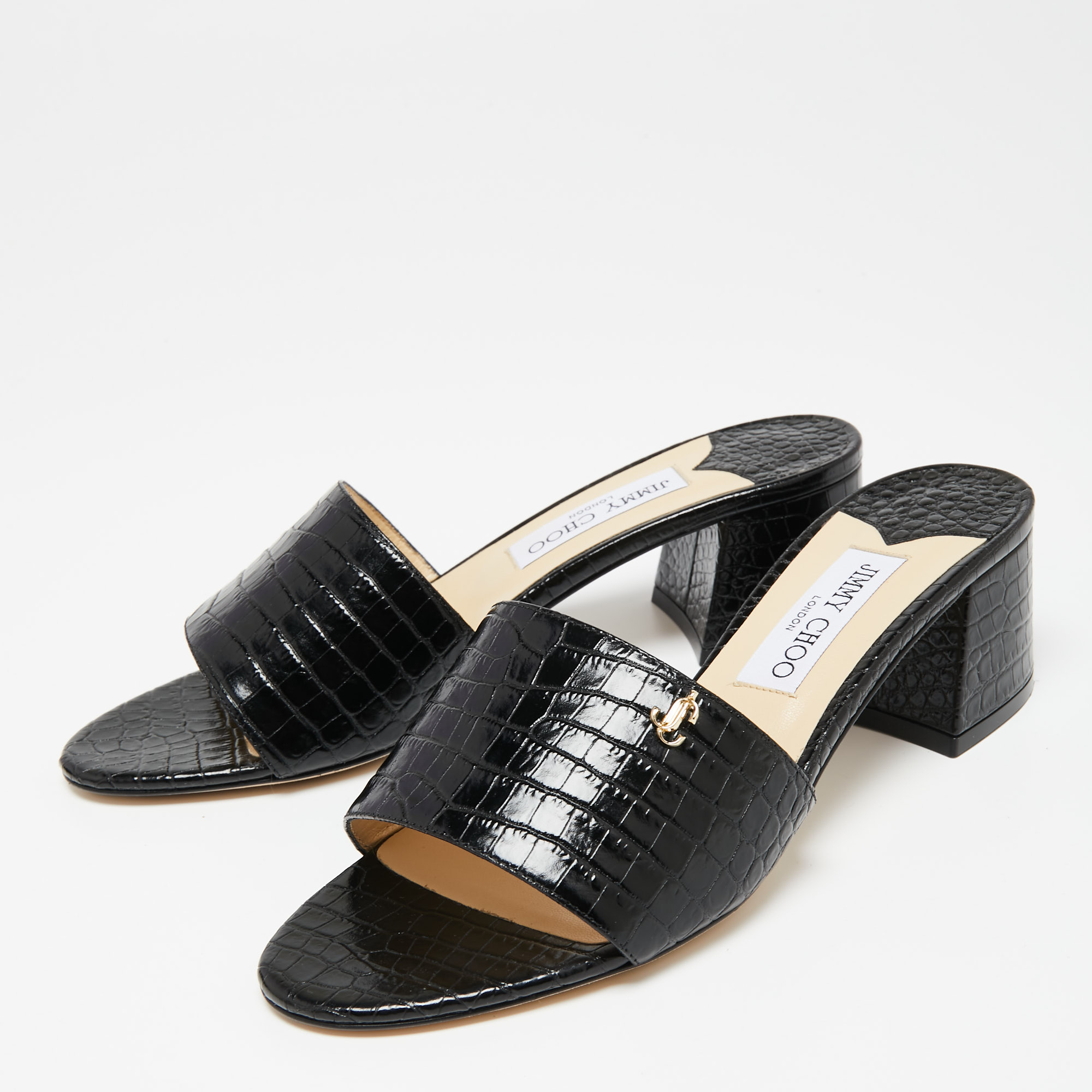 

Jimmy Choo Black Croc Embossed Leather Minea Open Toe Sandals Size