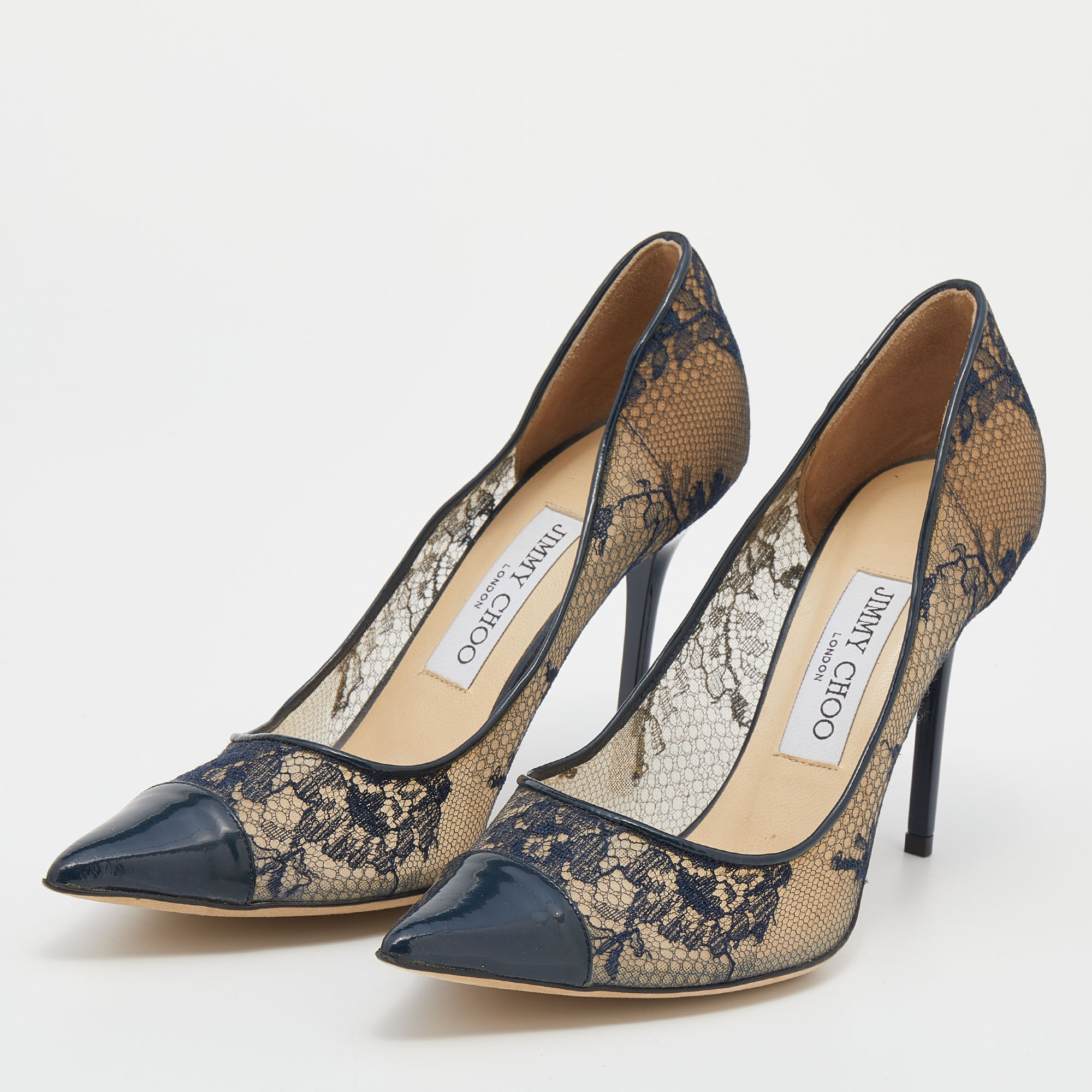 

Jimmy Choo Navy Blue/Beige Floral Lace And Patent Leather Pointed Toe Pumps Size