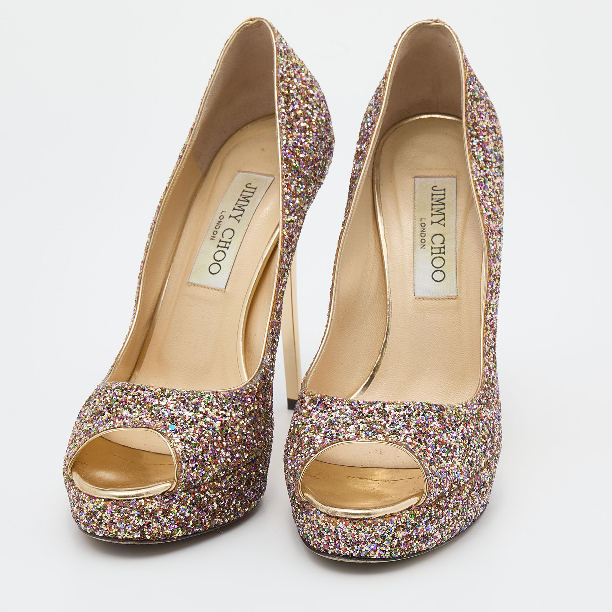 

Jimmy Choo Multicolor Glitter Peep Toe Platform Pumps Size