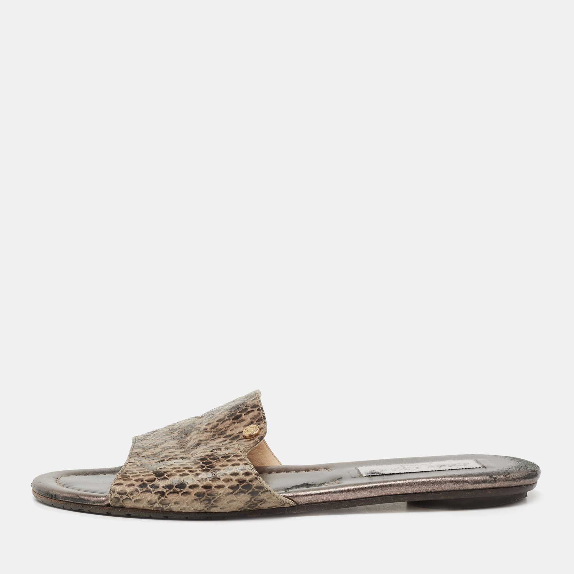 

Jimmy Choo Grey Snakeskin Leather Nanda Flat Slide Sandals Size