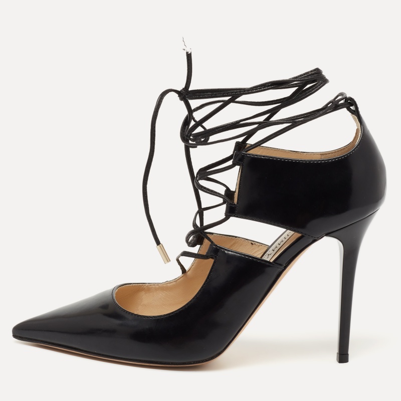 A perfect mix of elegant fashion and sensuous style these Jimmy Choo pumps come crafted from leather and detailed with pointed toes and lace ups that end as ties around the ankles. Theyre visually stunning and they stand on tall heels.