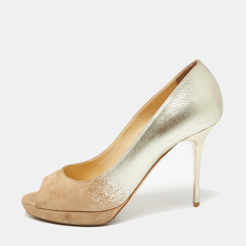 

Jimmy Choo Beige/Gold Suede and Leather Peep-Toe Platform Pumps Size