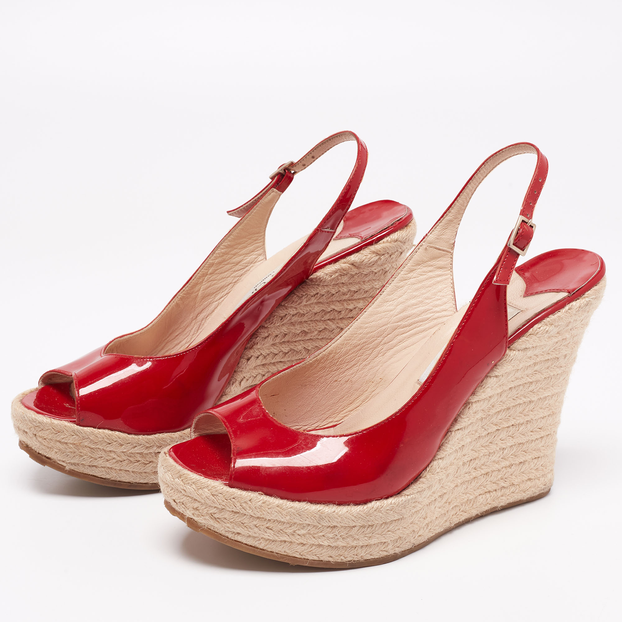 

Jimmy Choo Red Patent Leather Espadrille Wedge Slingback Sandals Size