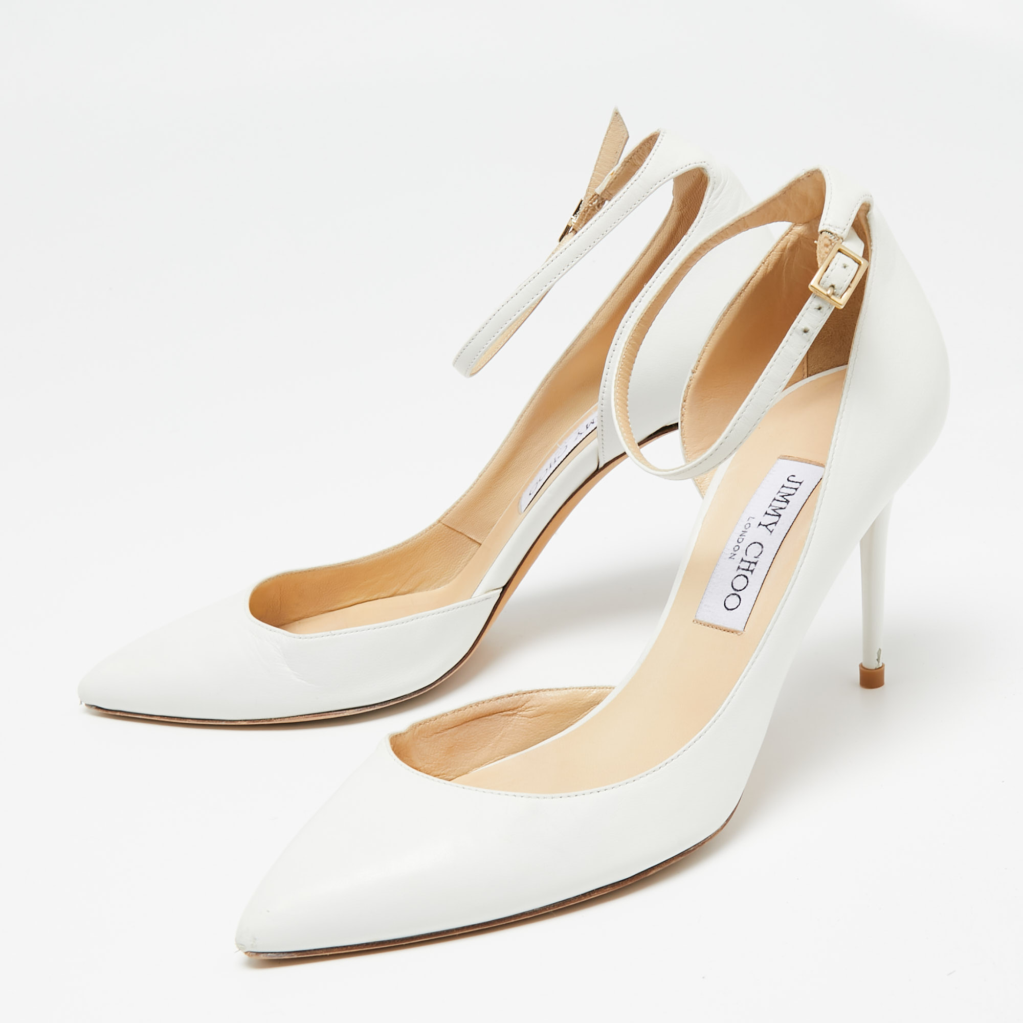 

Jimmy Choo White Leather Lucy D'orsay Ankle Strap Pumps Size