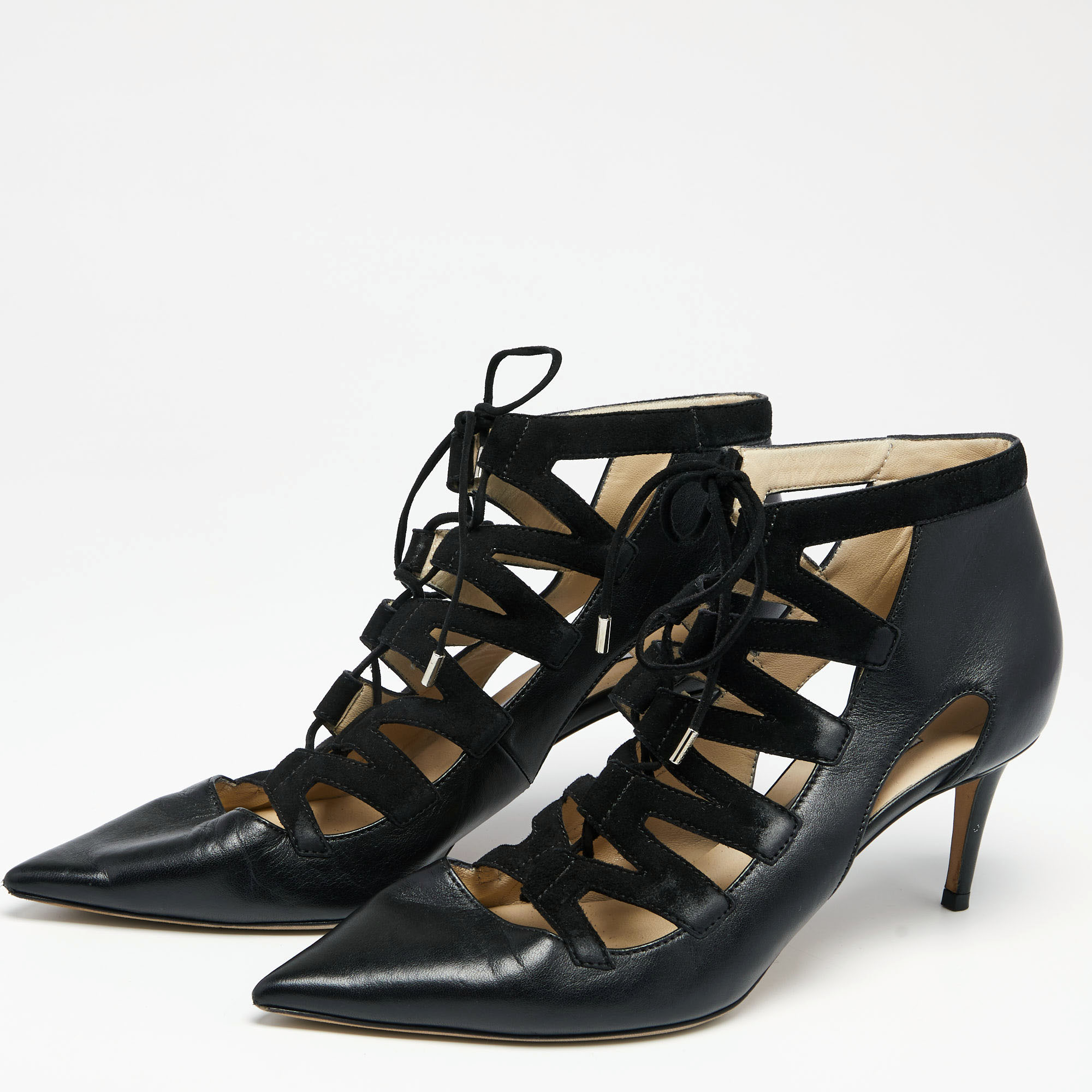 

Jimmy Choo Black Leather Dixon Cut Out Lace Up Pointed Toe Pumps Size