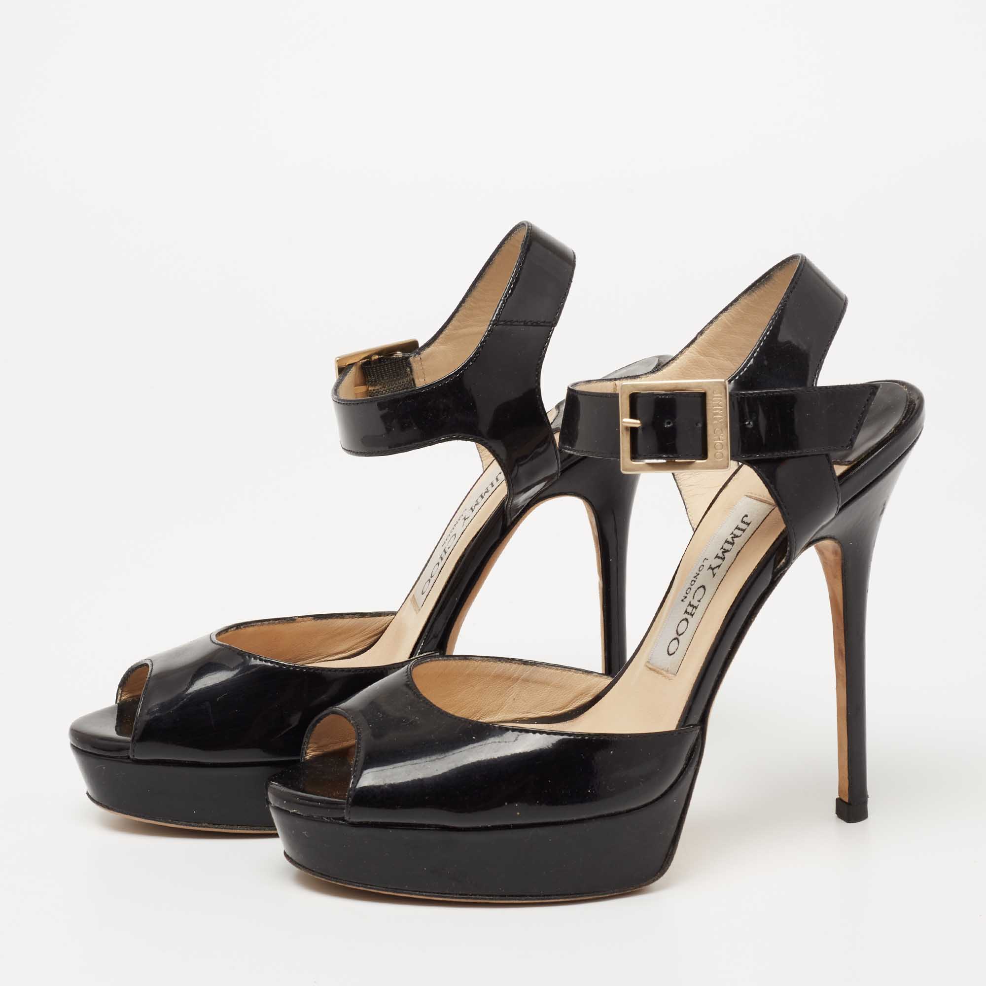 

Jimmy Choo Black Patent Leather Linda Ankle Strap Platform Sandals Size