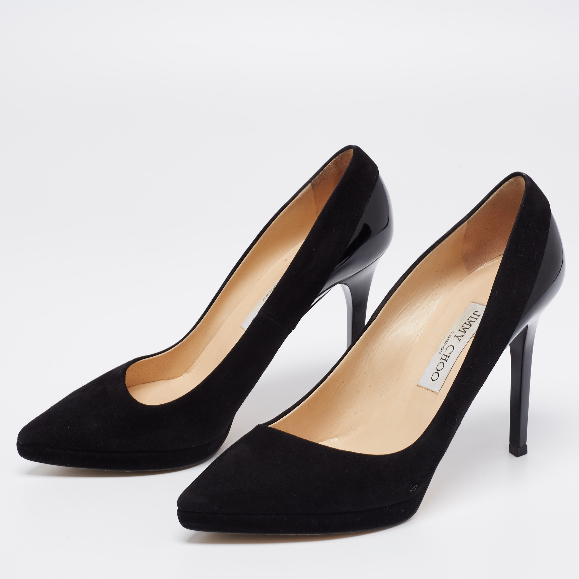 

Jimmy Choo Black Suede and Patent Leather Pointed Toe Pumps Size