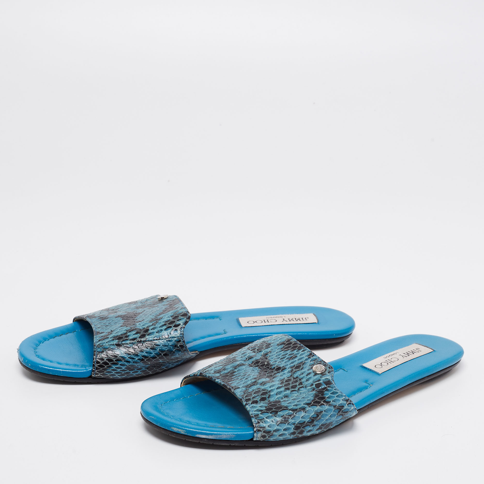 

Jimmy Choo Blue/Black Snakeskin Leather Nanda Flat Slide Sandals Size