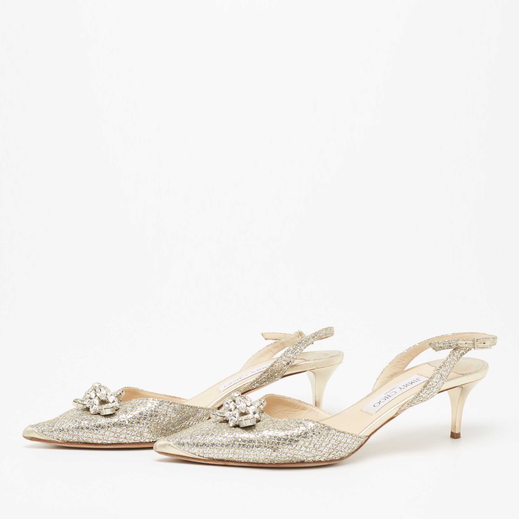 

Jimmy Choo Sliver Glitter And Leather Pointed Toe Slingback Sandals Size, Silver