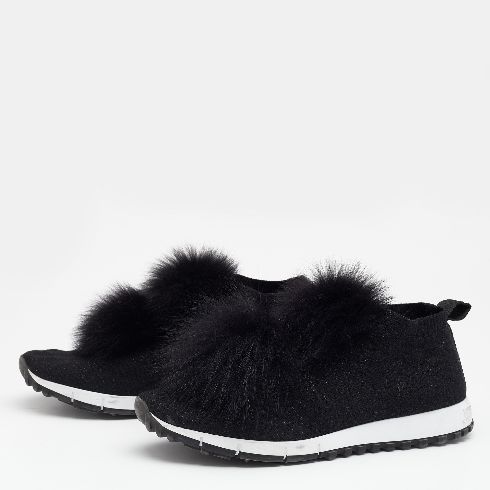

Jimmy Choo Black Knit Fabric And Fur Pom Pom Norway Slip On Sneakers Size