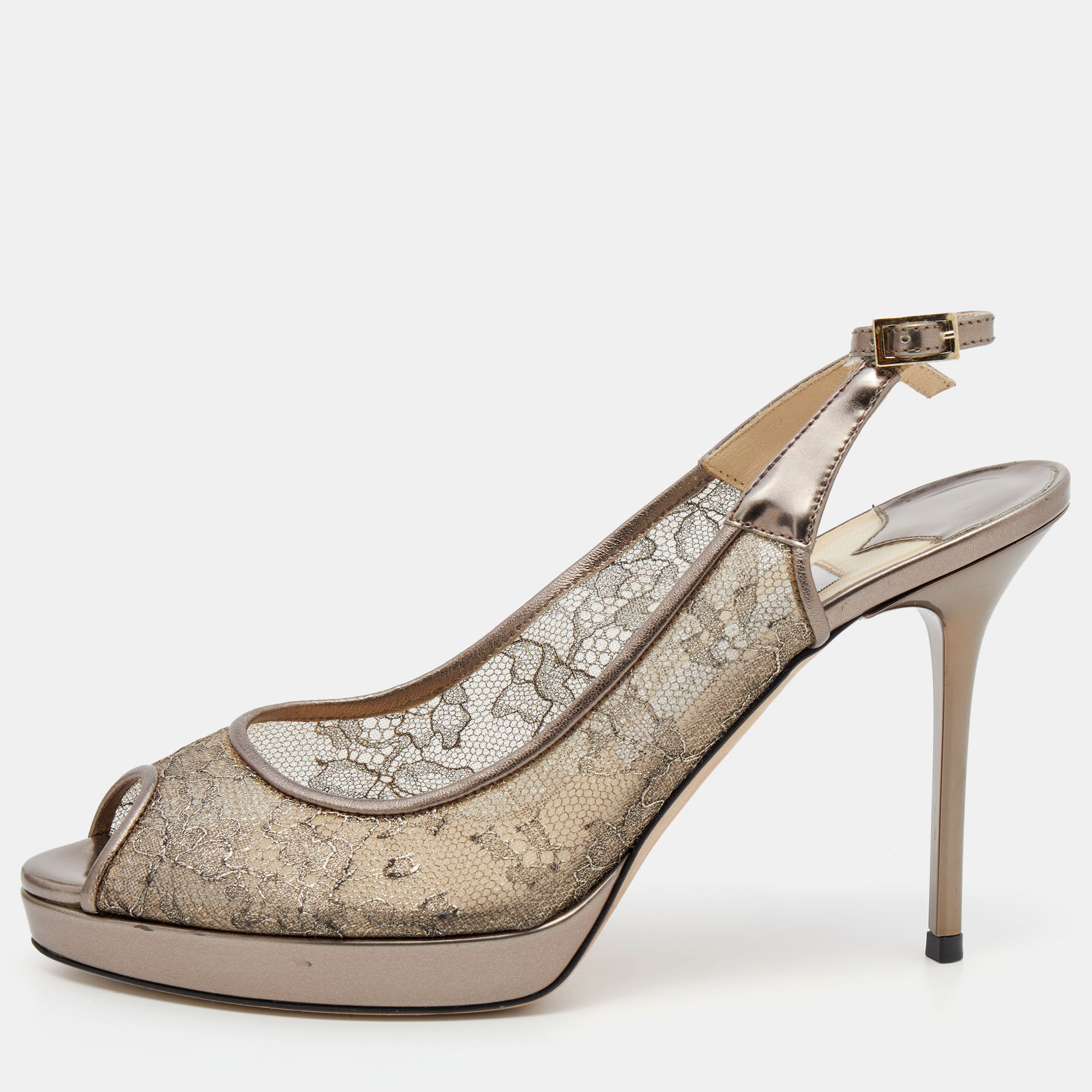 It is easy to fall in love with these pumps by Jimmy Choo Theyve been beautifully covered in lace and designed with peep toes platforms and slim 10.5 cm heels. The feminine dainty pumps are sure to complement all your dresses and evening gowns.