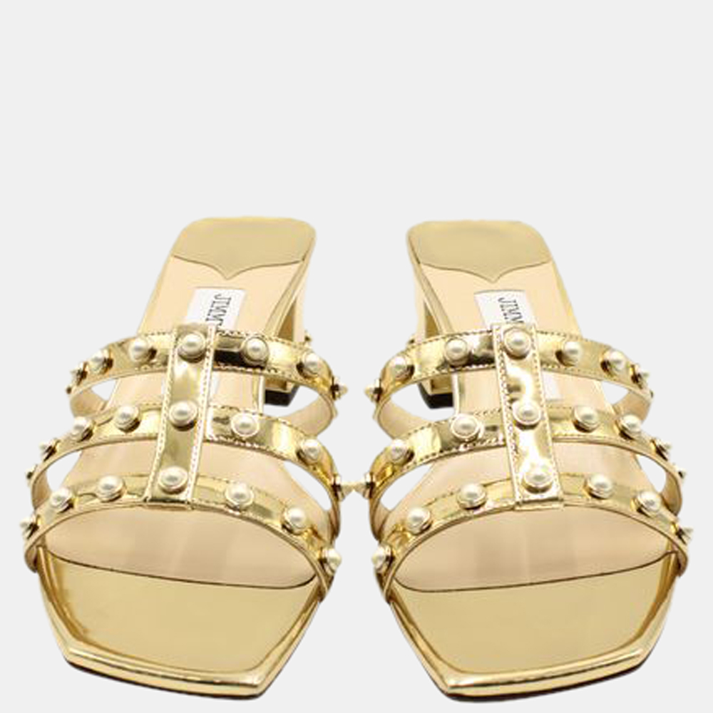 

Jimmy Choo Gold Metallic Faux Pearls Mules Size EU